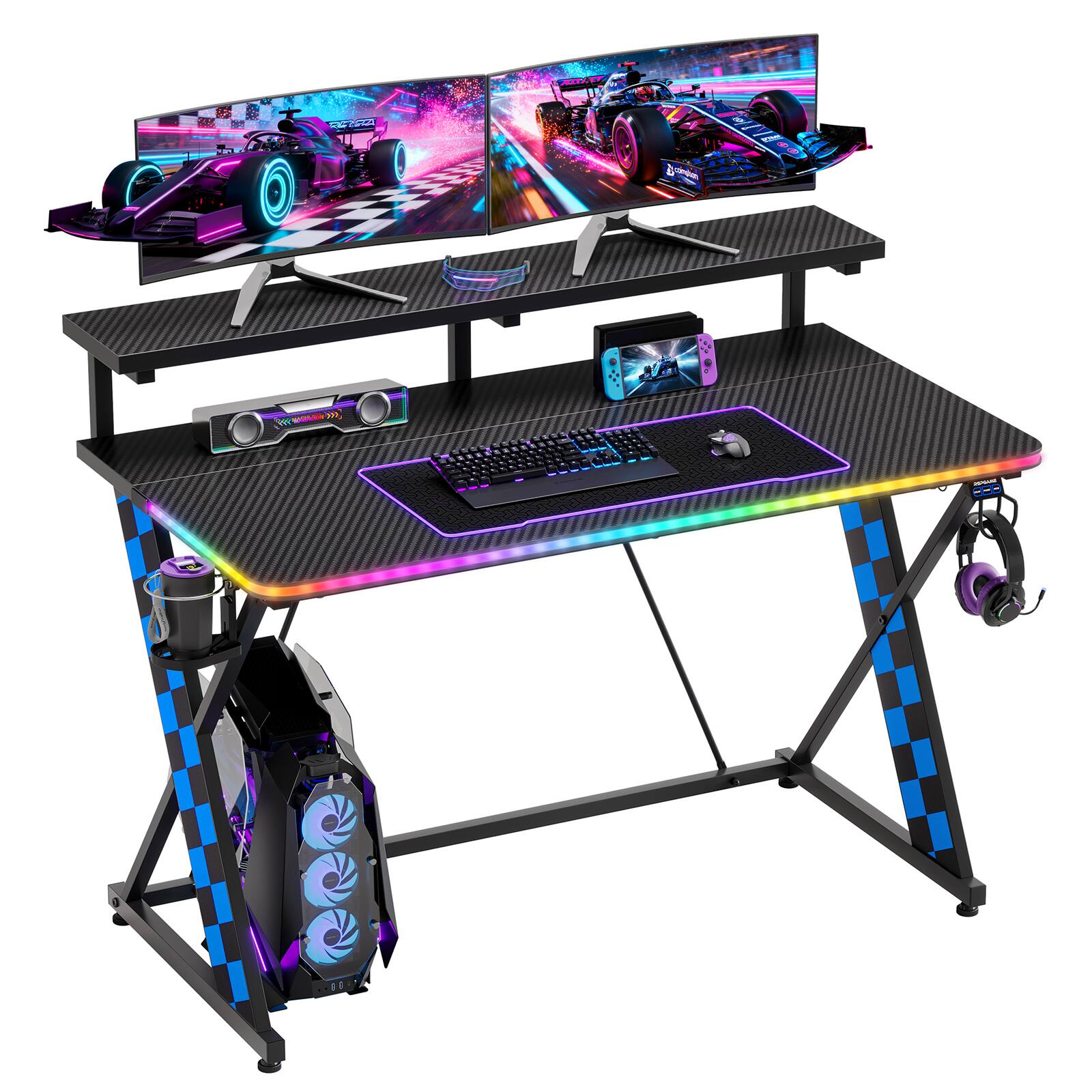 Alt View 8. RSPGAME - Basic 43" Music Sync LED Gaming Desk w/ Dynamic Color-Changing & Racing Gear Style,Ergonomic Monitor Stand Computer Desk - Blue & Black.