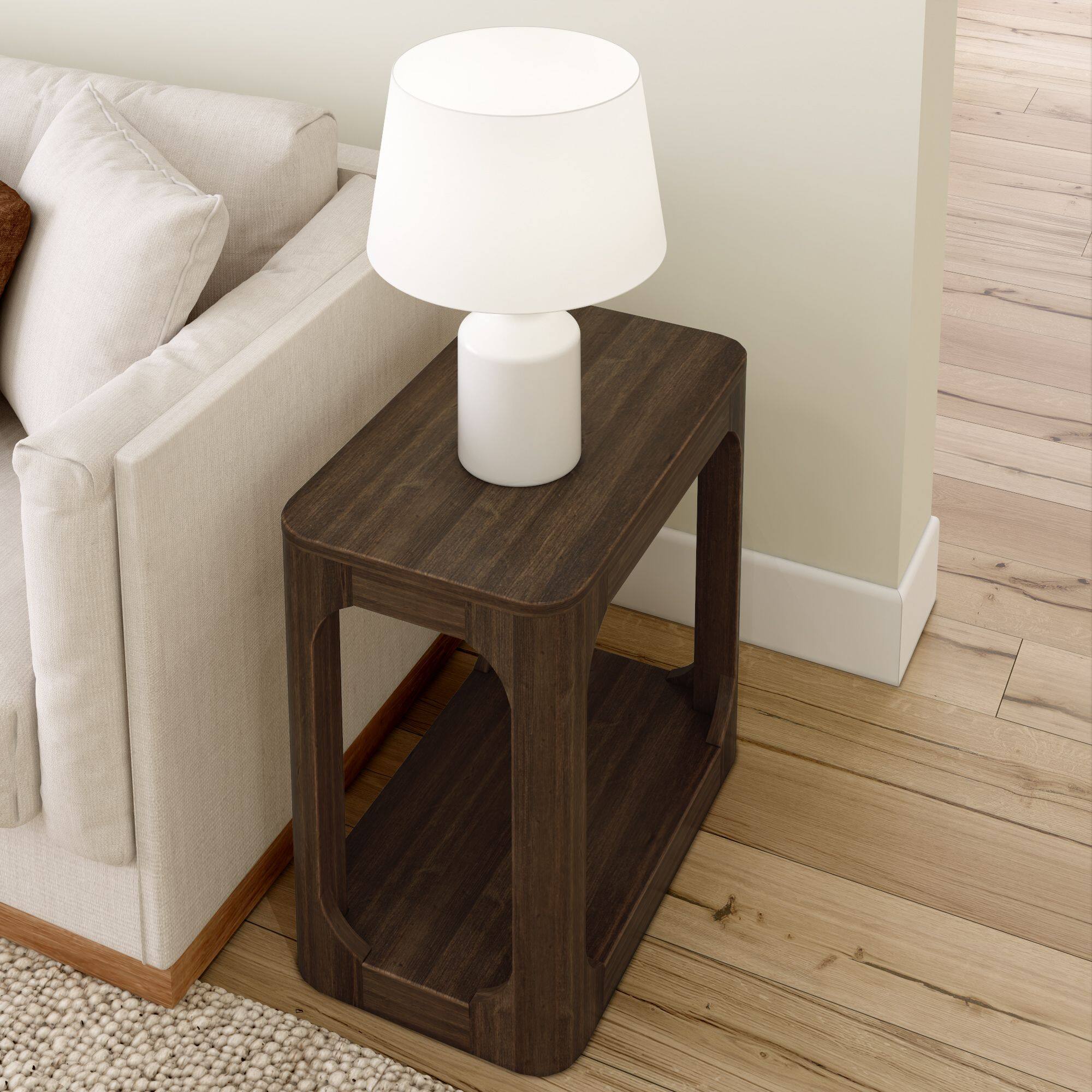 Alt View 4. Plank+Beam - Modern Rounded Rectangular Side Table with Shelf (25in x 15in / 630mm x 375mm), Walnut - Walnut.