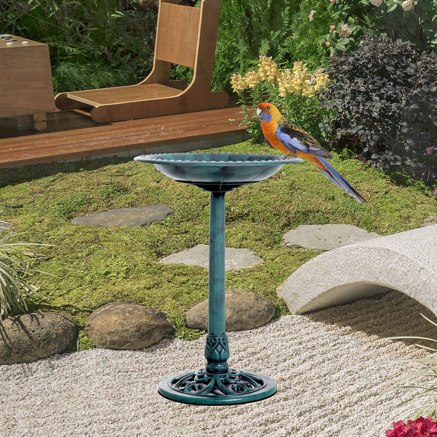 Alt View 1. Outsunny - 28'' Bird Bath Outdoor Resin Decor with Fleur De Lis Pattern - Verdigris (Green).