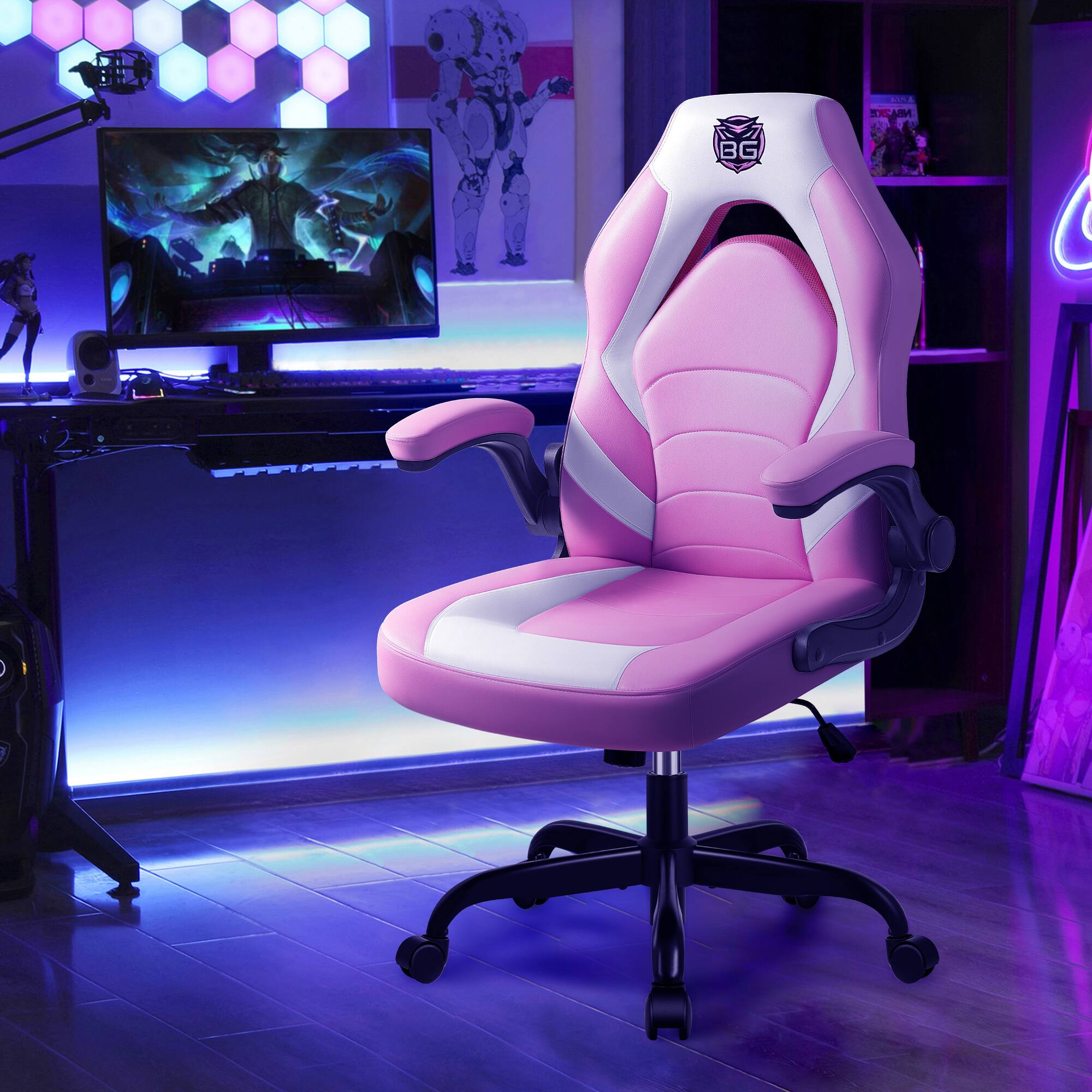 Alt View 3. KERDOM - Gaming Chair, Swivel Tilt Gamer Computer Chair PU Leather, Ergonomic Desk Chair with Flip-Up Arms, Height Adjustable - Pink.