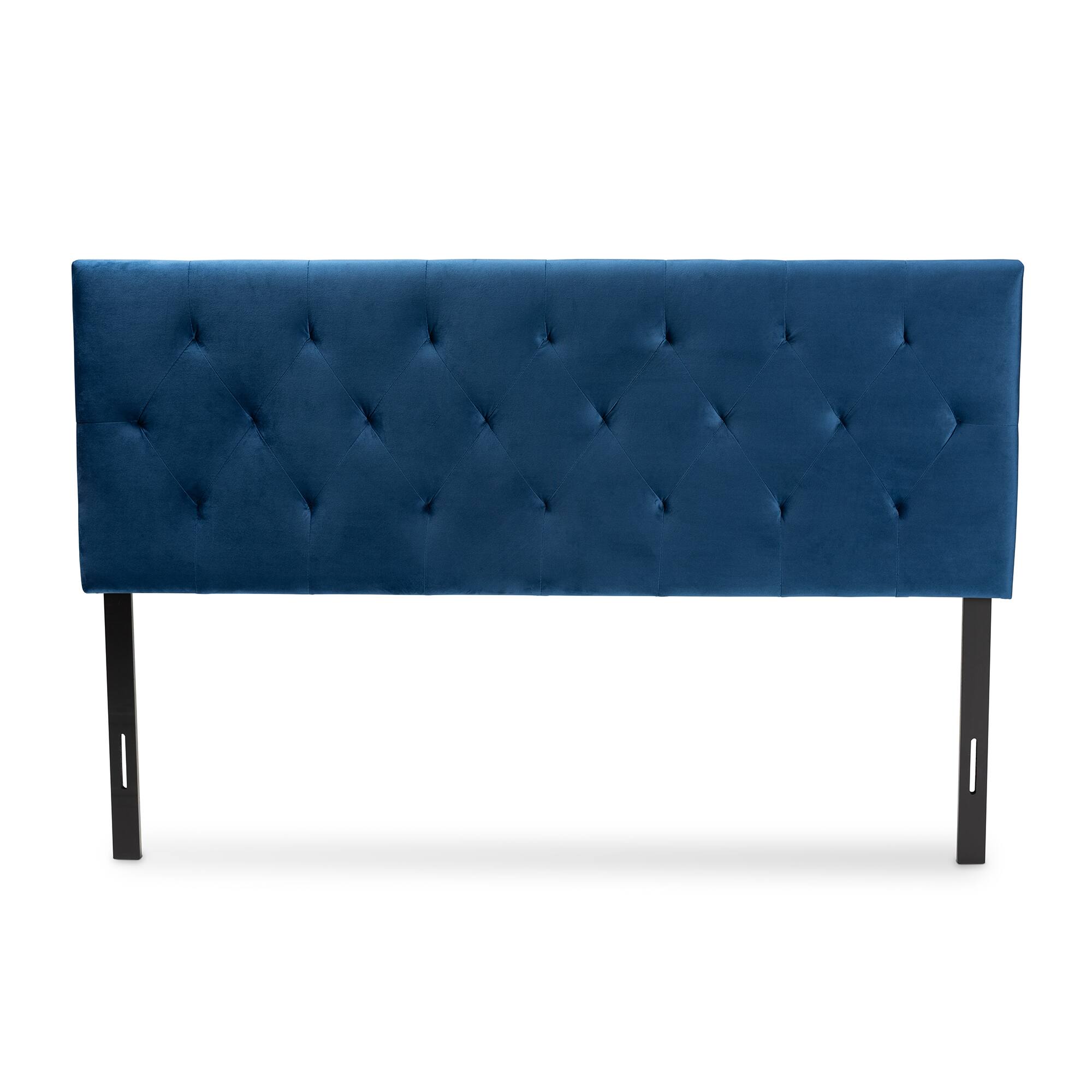 Angle. Baxton Studio - Felix Modern and Contemporary Velvet Fabric Upholstered Queen Size Headboard - Navy Blue/Dark Brown.