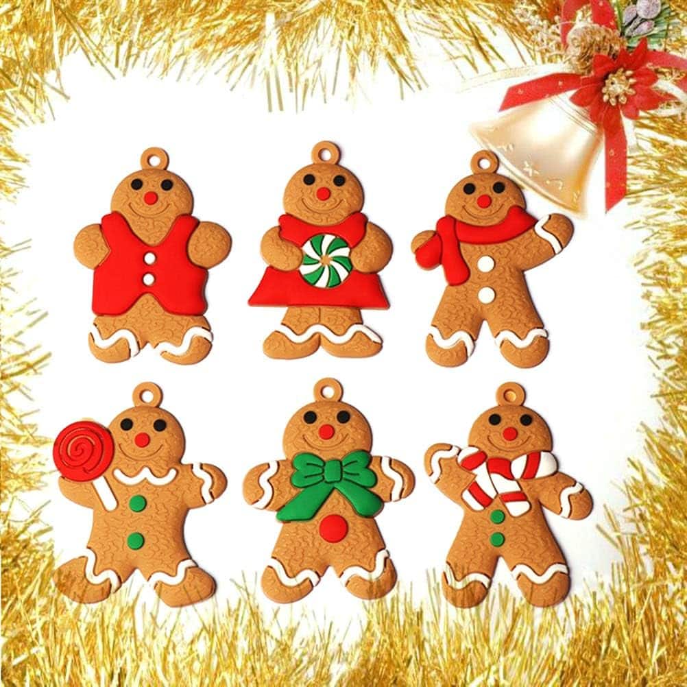 Front. Auledio - 6-Piece Christmas Gingerbread Decoration Set, 3cm x 4cm, Gingerbread Man Figurine Hanging Ornaments, Holiday Decorations - brown.