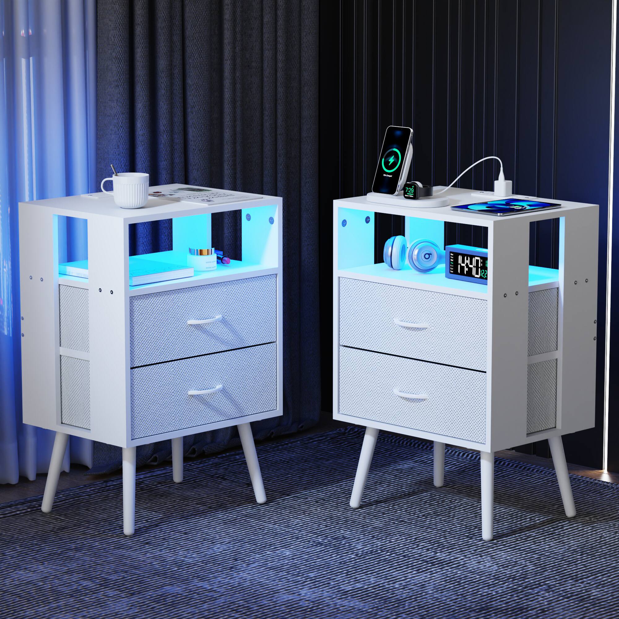 Angle. Spaco - Spaco 2 Pack Modern Nightstand with Charging Station, Bedside Tables with LED Light and 2 Drawers - White.
