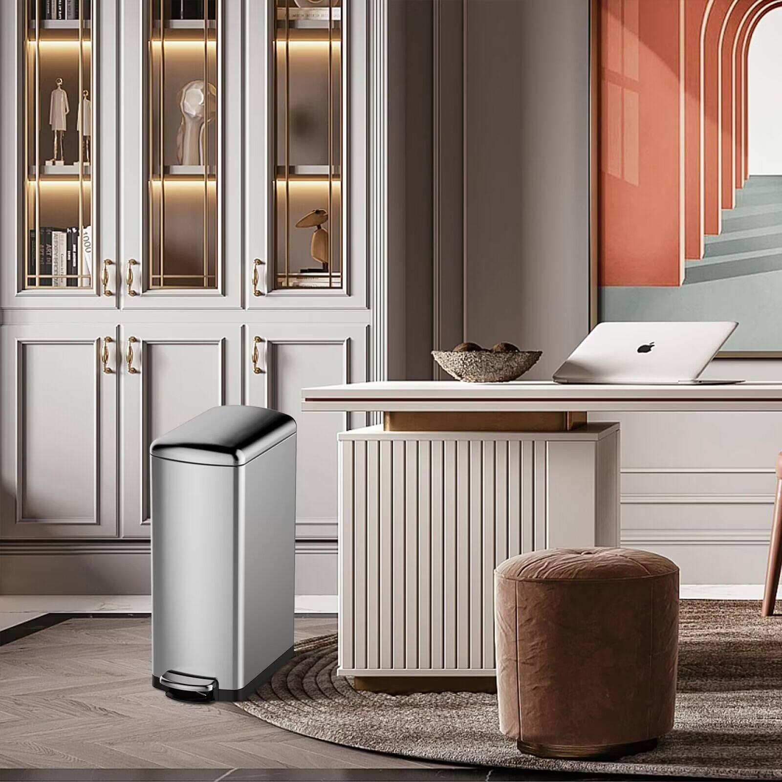 Back. Acekool - 8 Gallon Slim Stainless Steel Kitchen Trash Can with Soft-Close Lid & Removable Inner Bucket, Silver Rectangular - Silver.