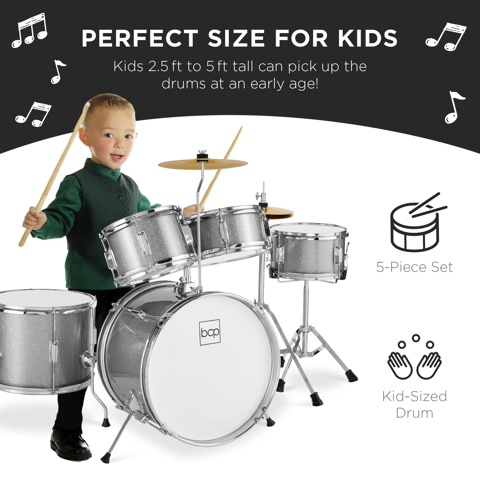 PERFECT SIZE FOR KIDS  
Kids 2.5 ft to 5 ft tall can pick up the drums at an early age!  

5-Piece Set  
Kid-Sized Drum