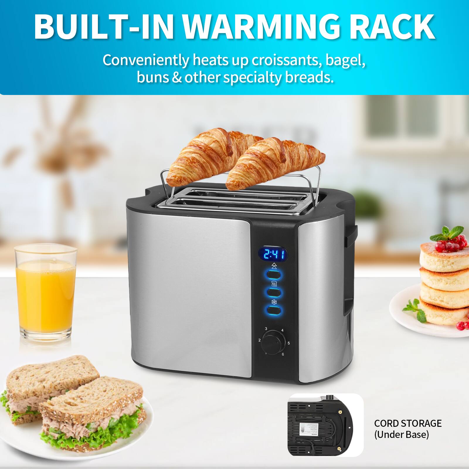 BUILT-IN WARMING RACK  
Conveniently heats up croissants, bagel, buns & other specialty breads.  

2:41  

CORD STORAGE (Under Base)