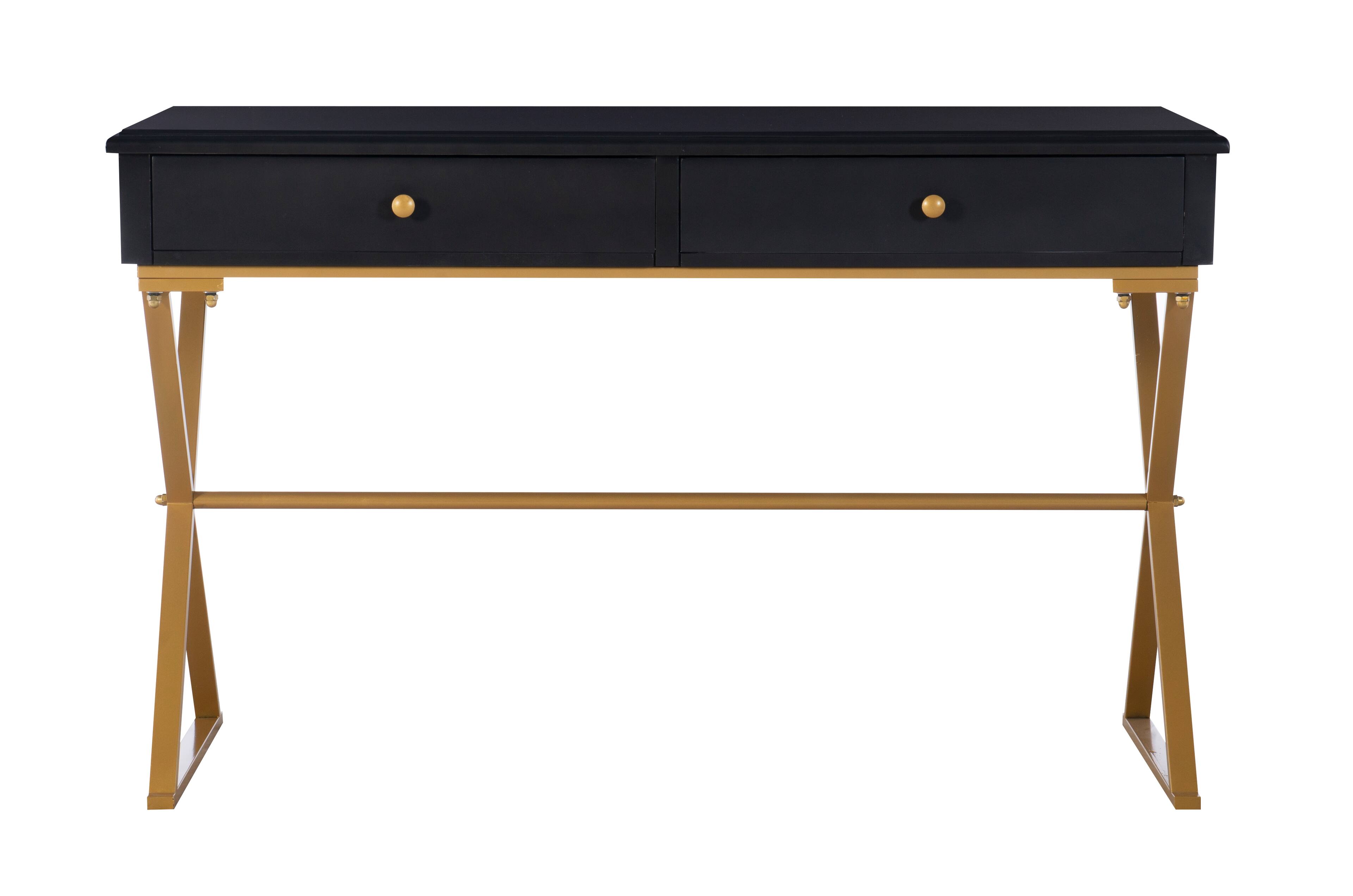 Angle. Linon Home Décor - Edmore Two-Drawer Campaign Desk - Black & Gold.