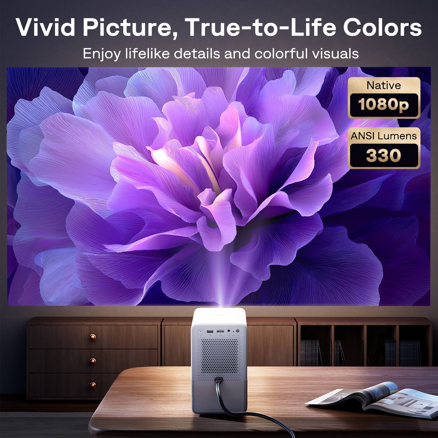 Vivid Picture, True-to-Life Colors  
Enjoy lifelike details and colorful visuals  

Native 1080p  
ANSI Lumens 330