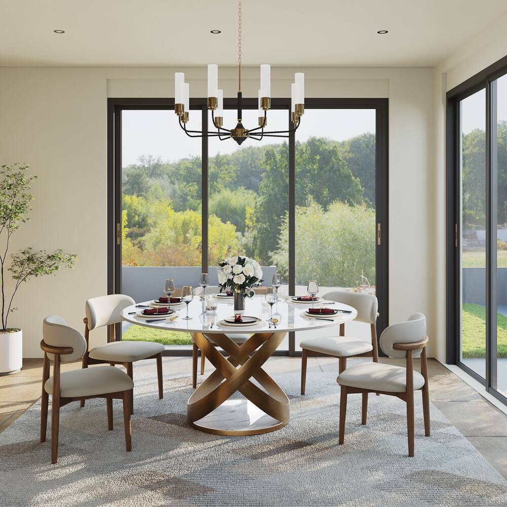 Left. POVISON - 59" Modern White Round Dining Table for 4, Glossy Sintered Stone Tabletop with Bronze X Carbon Steel Base - White Glossy Sintered Stone with Bronze.