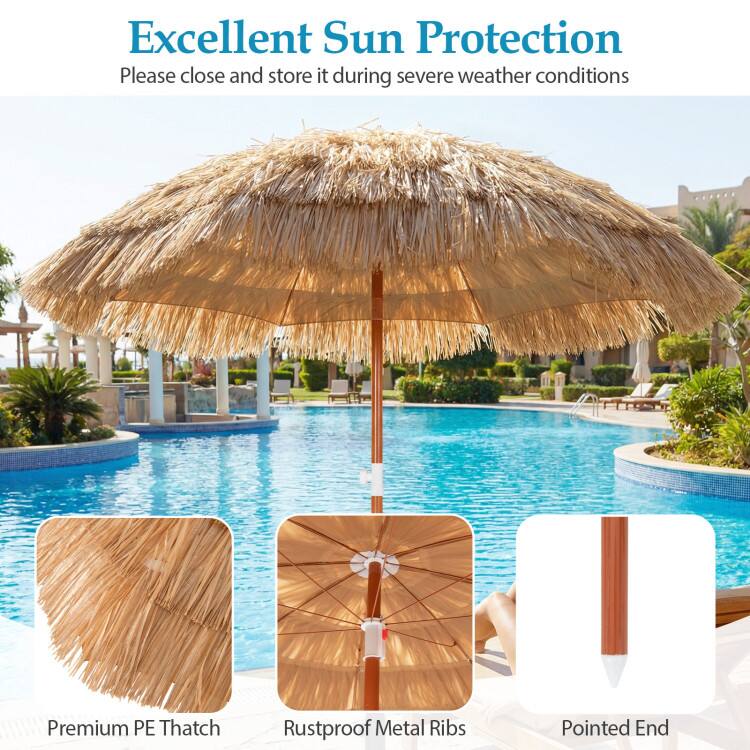 Excellent Sun Protection  
Please close and store it during severe weather conditions  

Premium PE Thatch  
Rustproof Metal Ribs  
Pointed End