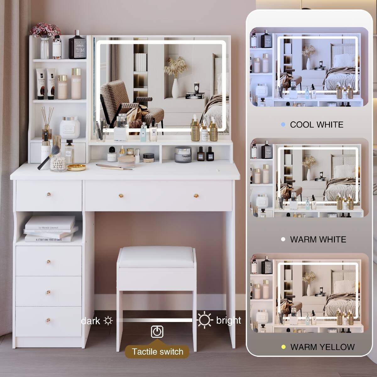 Miter

COOL WHITE
Meme OKITO

1 FTAIT UNE POST
WARM WHITE
dark
bright
Tactile switch
WARM YELLOW