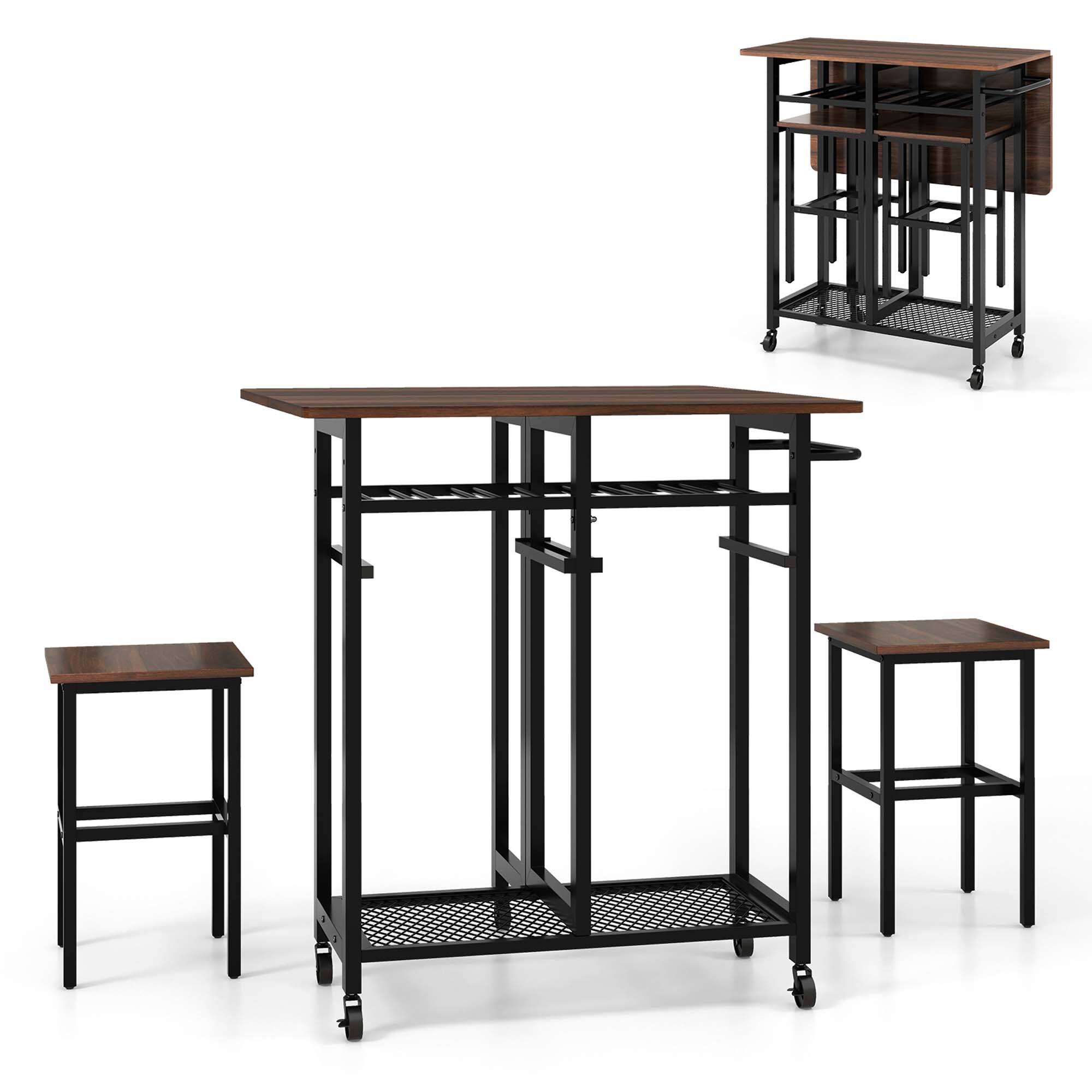 Front. Costway - 3 PCS Rolling Dining Table Set Extendable Kitchen Table 2 Stools with Wine Rack Rustic Brown - Rustic Brown and Black.