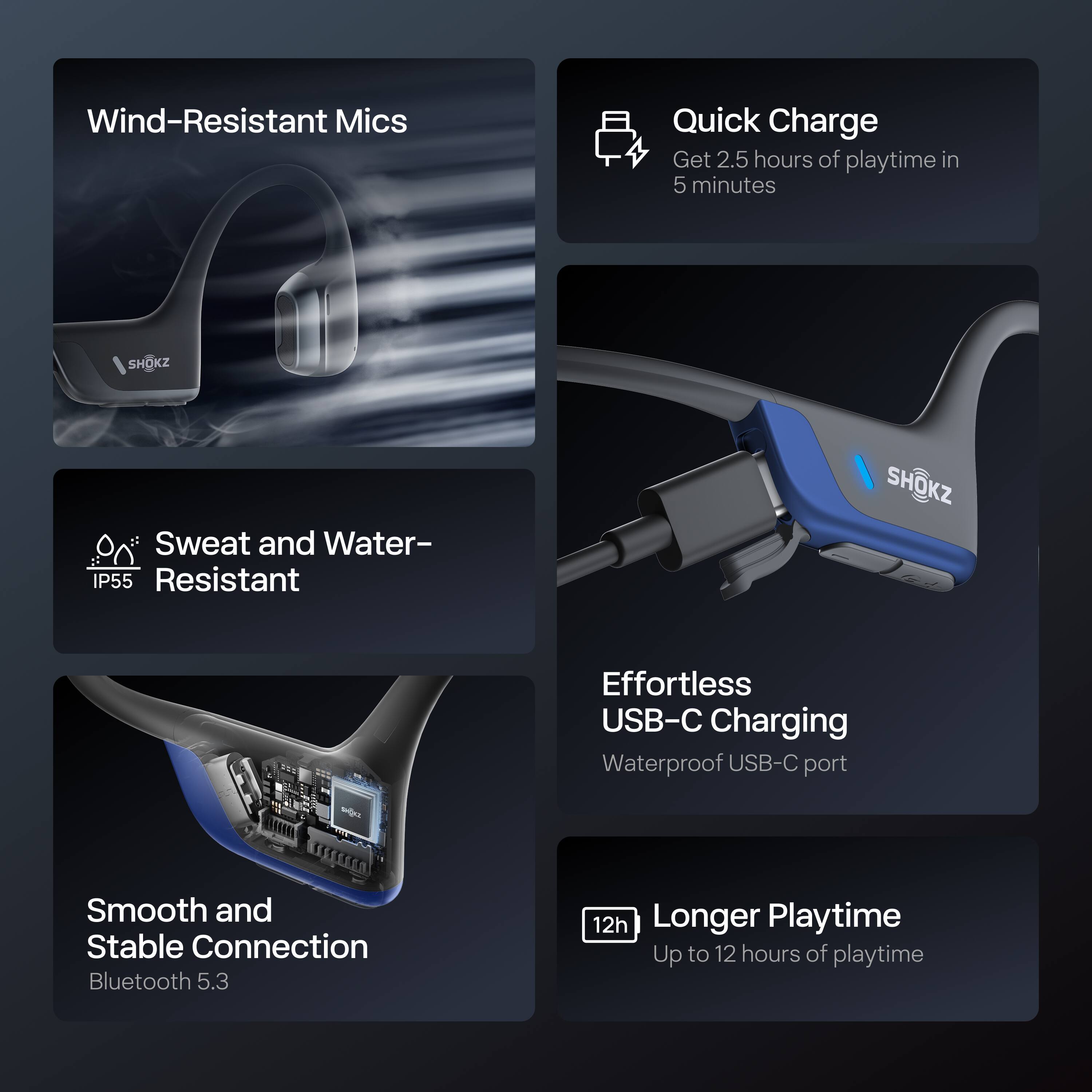 - Wind-Resistant Mics
- Quick Charge: Get 2.5 hours of playtime in 5 minutes
- Sweat and Water-Resistant (IP55)
- Effortless USB-C Charging: Waterproof USB-C port
- Smooth and Stable Connection: Bluetooth 5.3
- Longer Playtime: Up to 12 hours of playtime