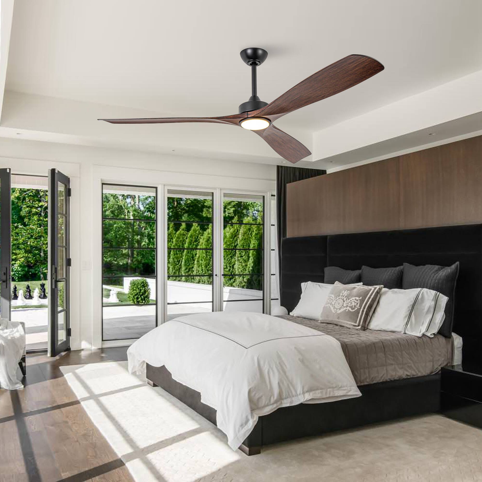 Left. Parrot Uncle - 60" Large Modern Ceiling Fan with Dimmable LED Lights, DC Motor, 6 Speeds, Remote Control - Brown.