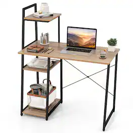Pefilos - Compact Computer Desk Workstation with 4 Tier Shelves for Home & Office Desk Study Writing Table - Beige