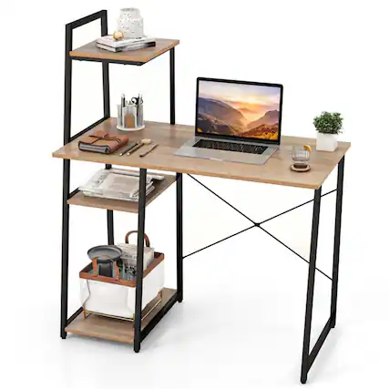 Front. Pefilos - Compact Computer Desk Workstation with 4 Tier Shelves for Home & Office Desk Study Writing Table, Beige - Beige.