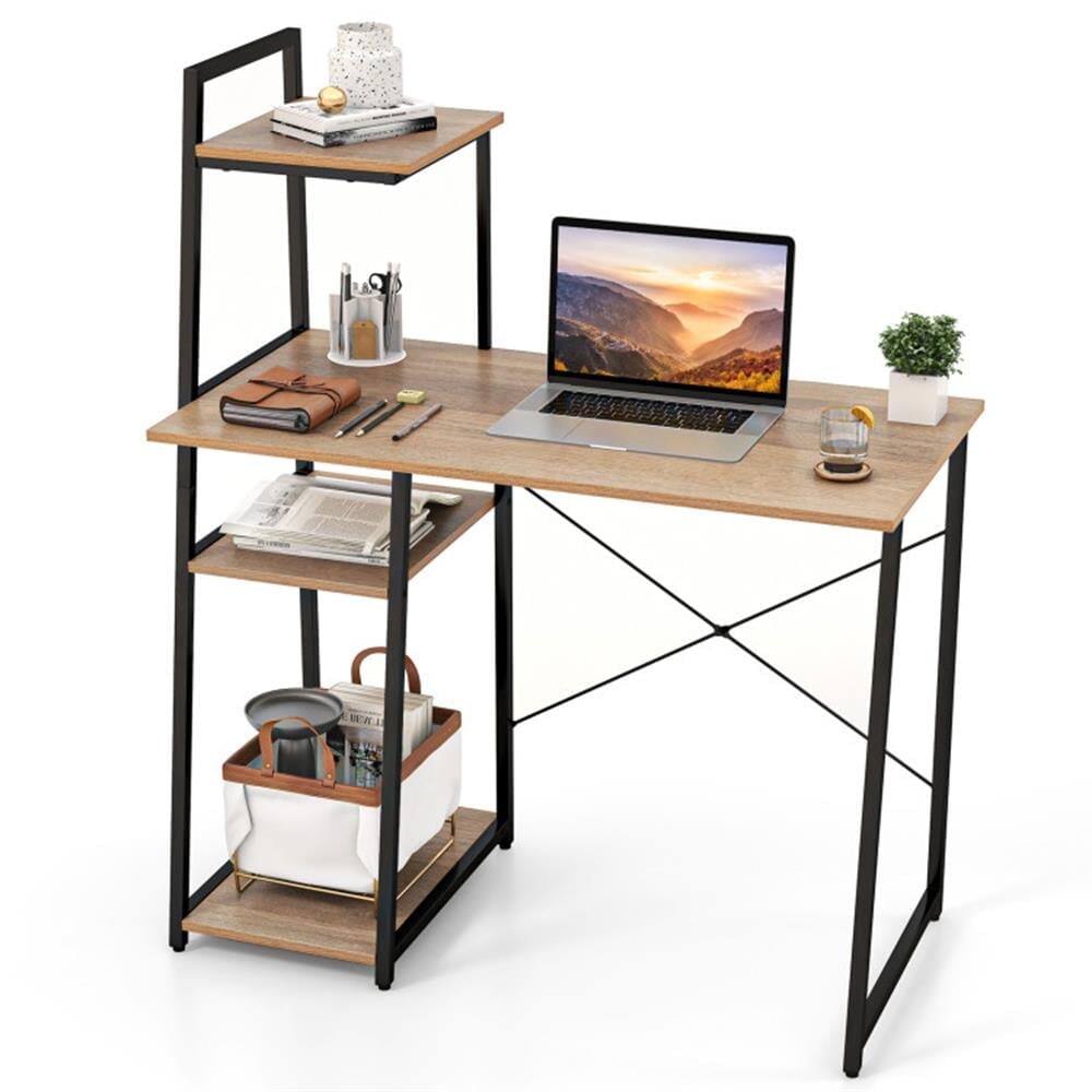 Front. Pefilos - Compact Computer Desk Workstation with 4 Tier Shelves for Home & Office Desk Study Writing Table, Beige - Beige.