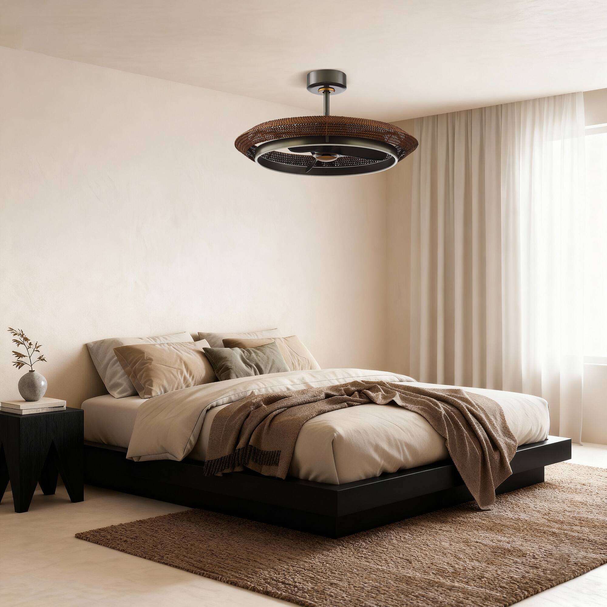 Back. Parrot Uncle - 24" Farmhouse Balck Hand Rattan LED Fandelier Ceiling Fan with Remote - Black.