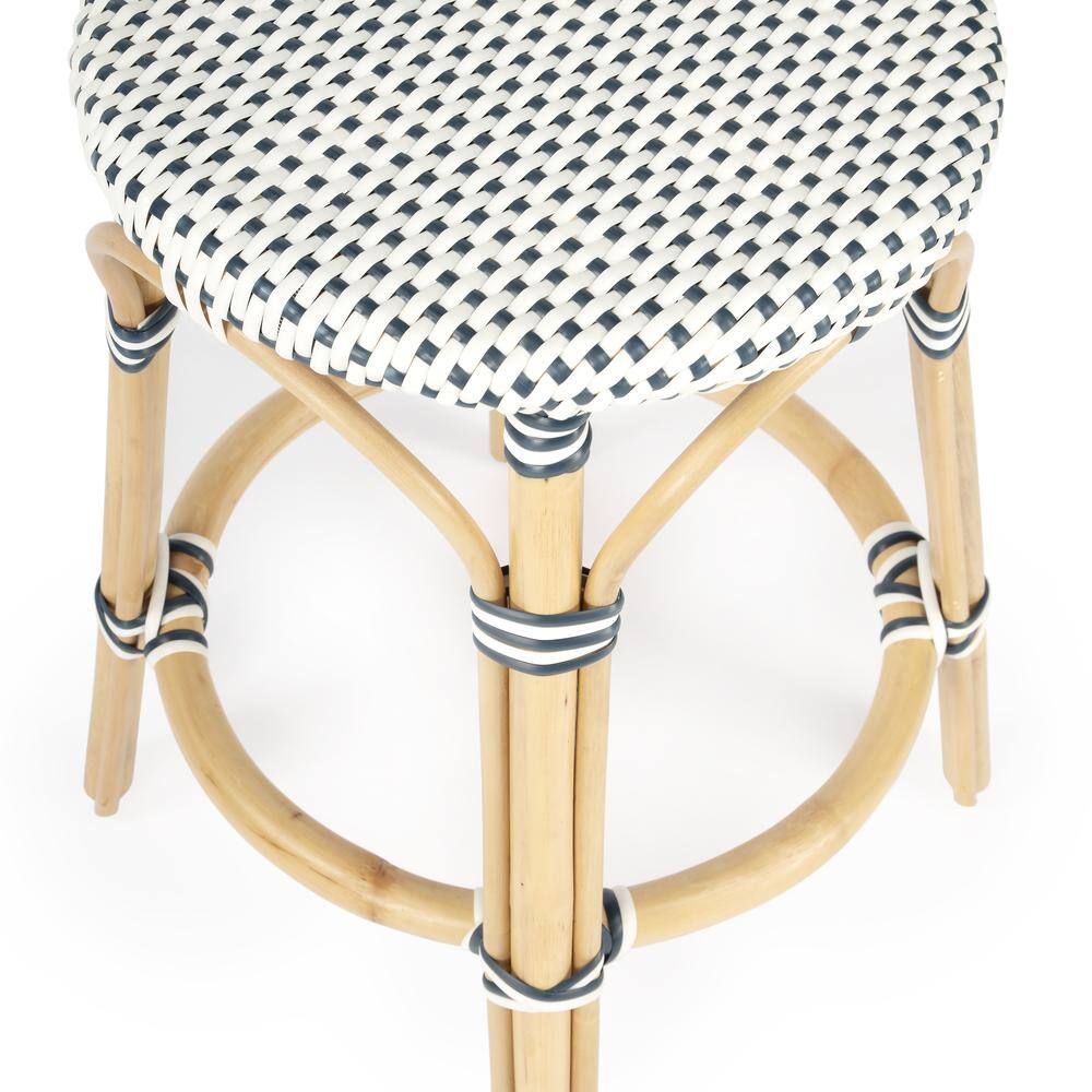 Alt View 1. Butler Specialty - Tobias Rattan Round 24" Counter Stool - White And Navy Dot.