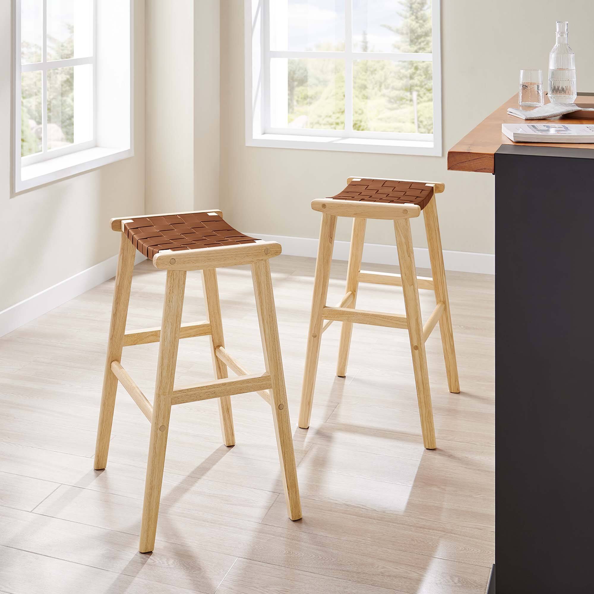 Alt View 2. Modway - Saoirse Leather Wood Bar Stool Set of 2 by Modway - Natural Brown.