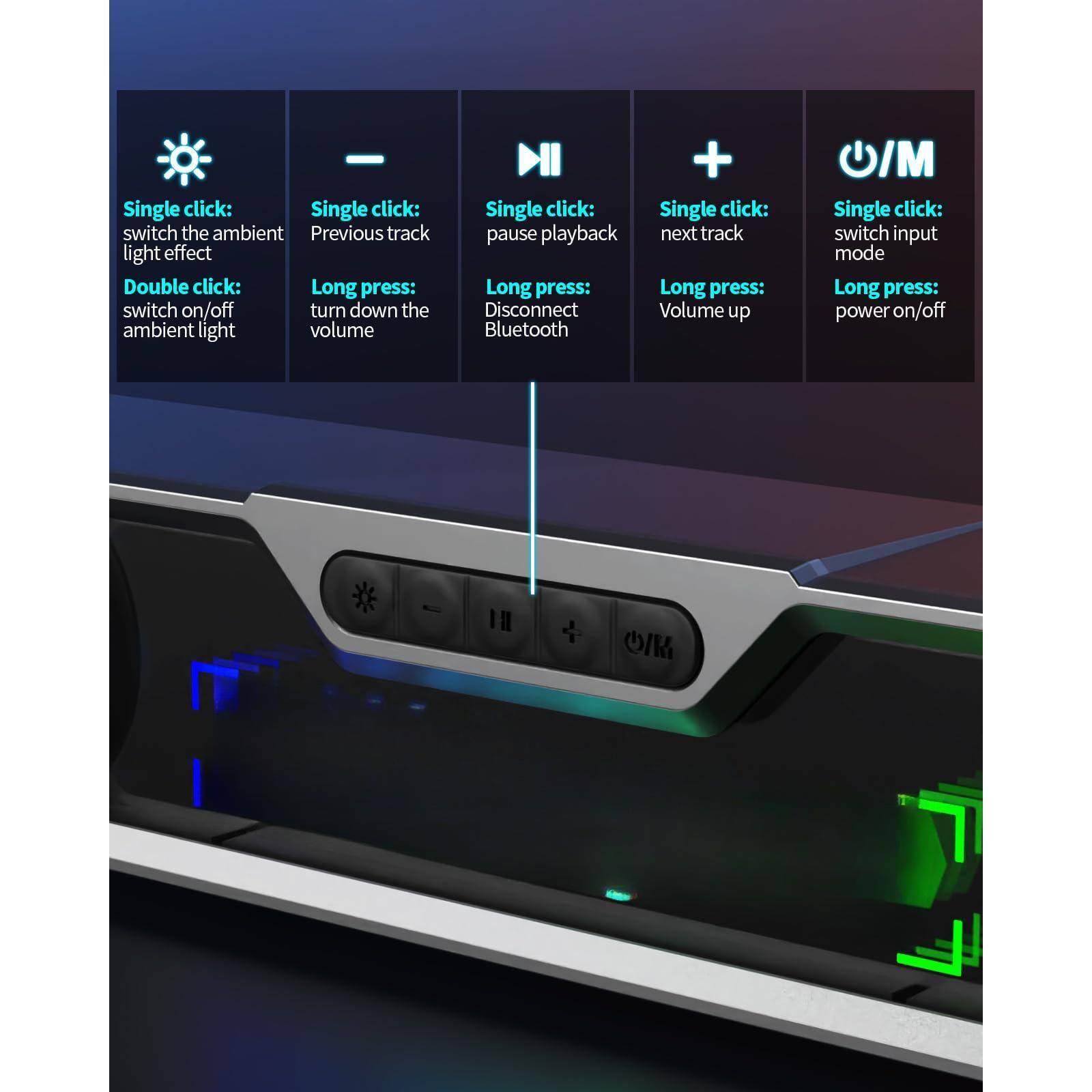 - Single click: switch the ambient light effect
- Double click: switch on/off ambient light
- Single click: Previous track
- Long press: turn down the volume
- Single click: pause playback
- Long press: Disconnect Bluetooth
- Single click: next track
- Long press: Volume up
- Single click: switch input mode
- Long press: power on/off