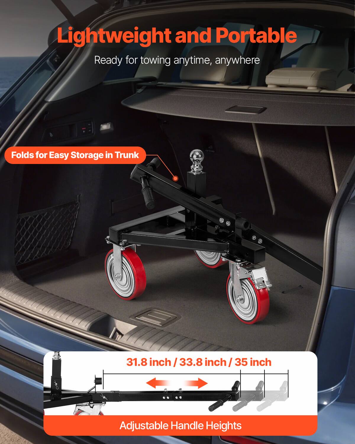 Lightweight and Portable, ready for towing anytime, anywhere. Folds for easy storage in trunk. Adjustable handle heights: 31.8 inch, 33.8 inch, 35 inch.