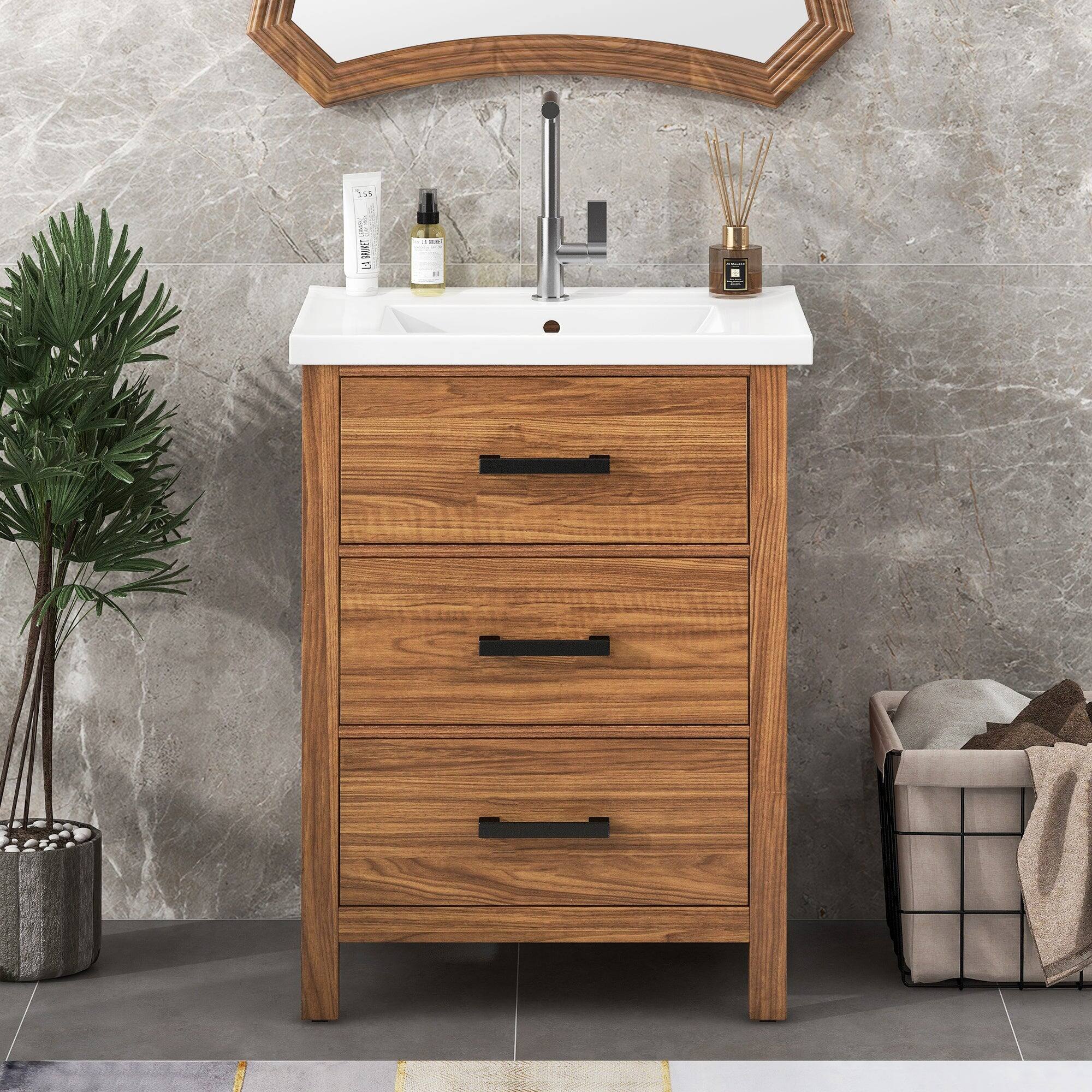 Alt View 4. Boyel Living - 24 Inch Bathroom Vanity with Ceramic Sink 3 Drawers Natural Wood - Brown.