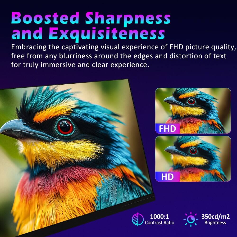Boosted Sharpness and Exquisiteness

Embracing the captivating visual experience of FHD picture quality, free from any blurriness around the edges and distortion of text for truly immersive and clear experience.

FHD  
HD

1000:1 Contrast Ratio  
350cd/m² Brightness
