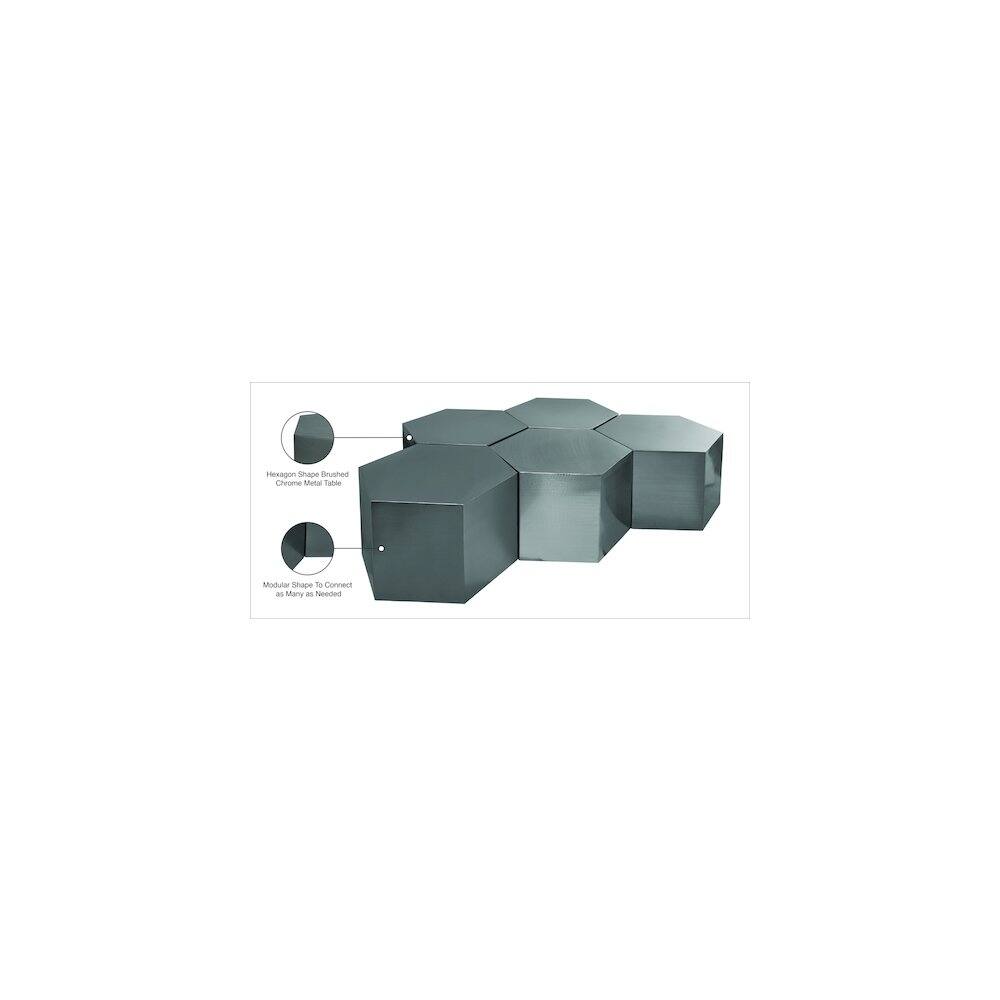 Hexagon Shape: Brushed Chrome Metal
Modular Shape to Connect: Many Needed