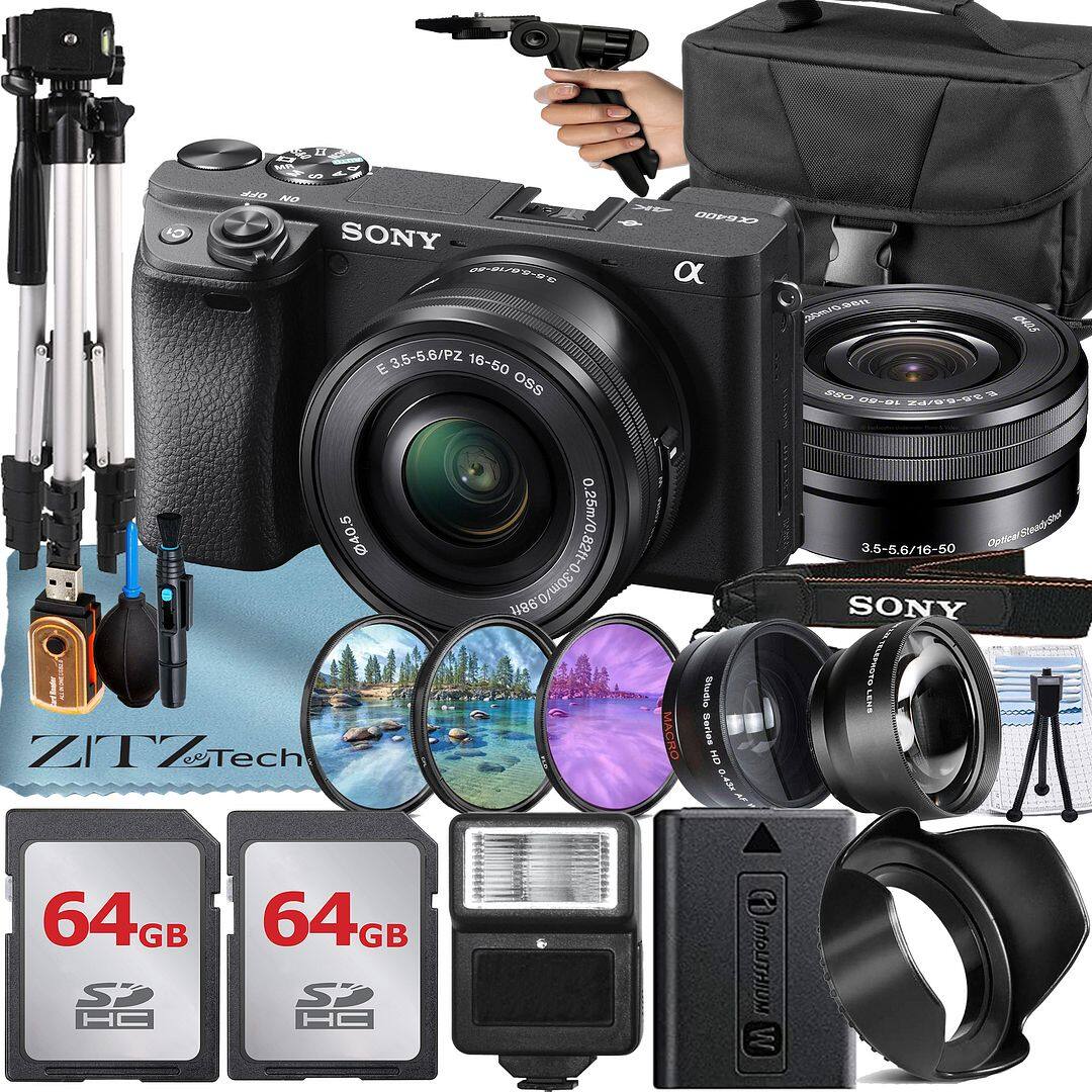 Sony - A6400 Mirrorless Camera with 16-50 Lens + 2x 64GB Card + ZeeTech Bundle (International Version) - Black