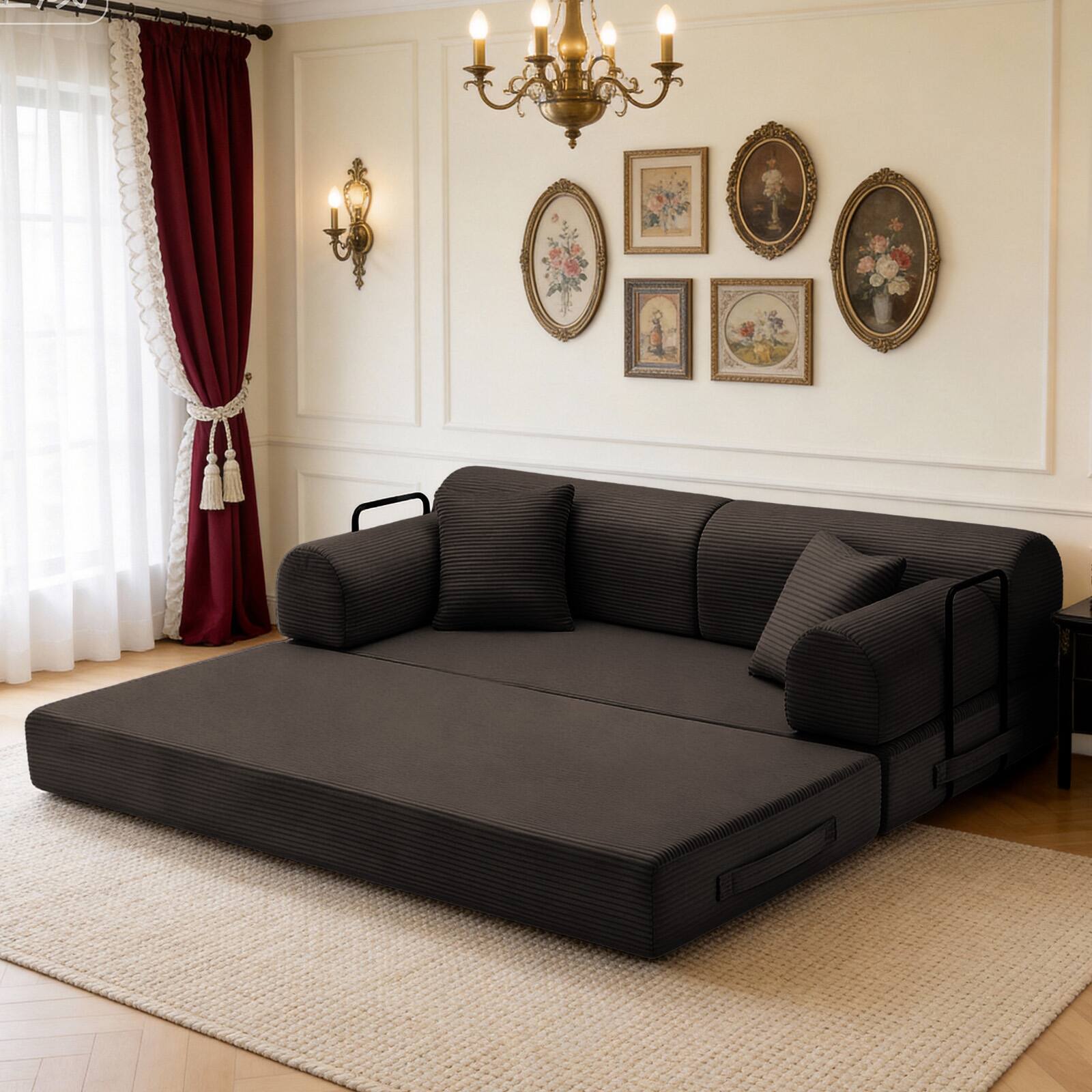 Angle. Anysun - Corduroy Convertible Sleeper Sofa Bed - Folding Mattress Couch with Fixed Frame for Living Room & Bedroom - Brown.