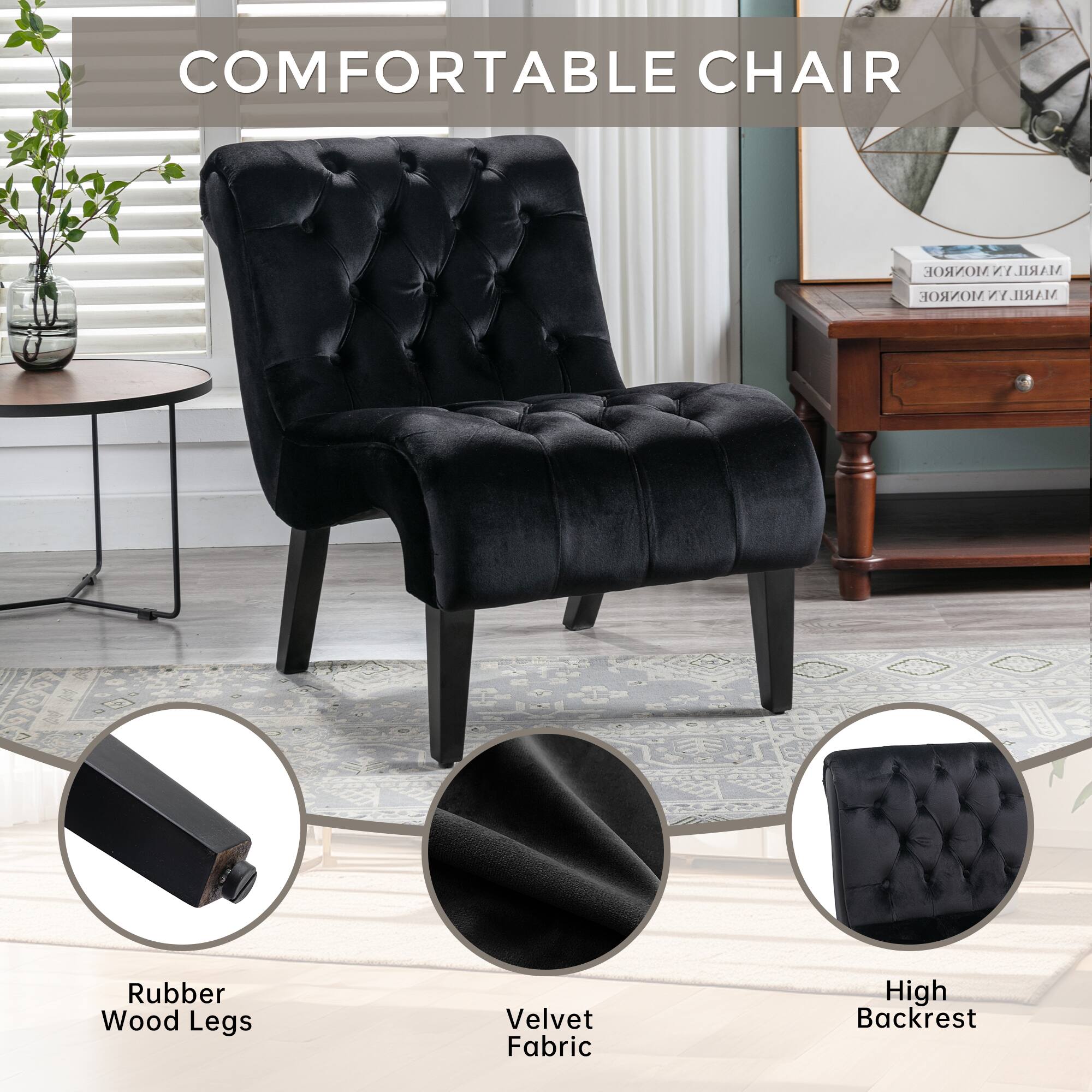 COMFORTABLE CHAIR

- Rubber Wood Legs
- Velvet Fabric
- High Backrest
