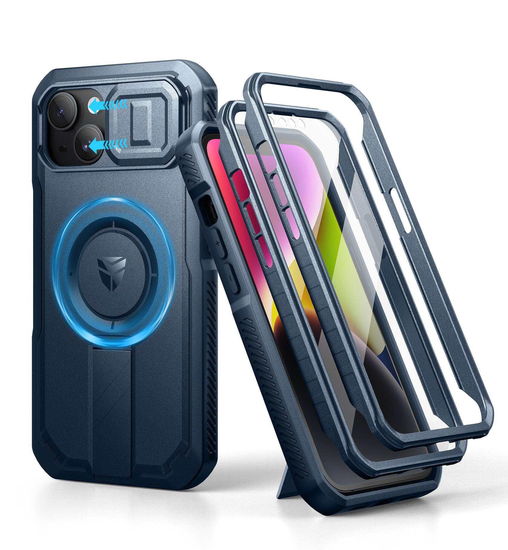 dexnor - iPhone 14/13 Magnetic Case with Camera Cover & Adjustable Kickstand & Built-in Screen Protector - Navy Blue