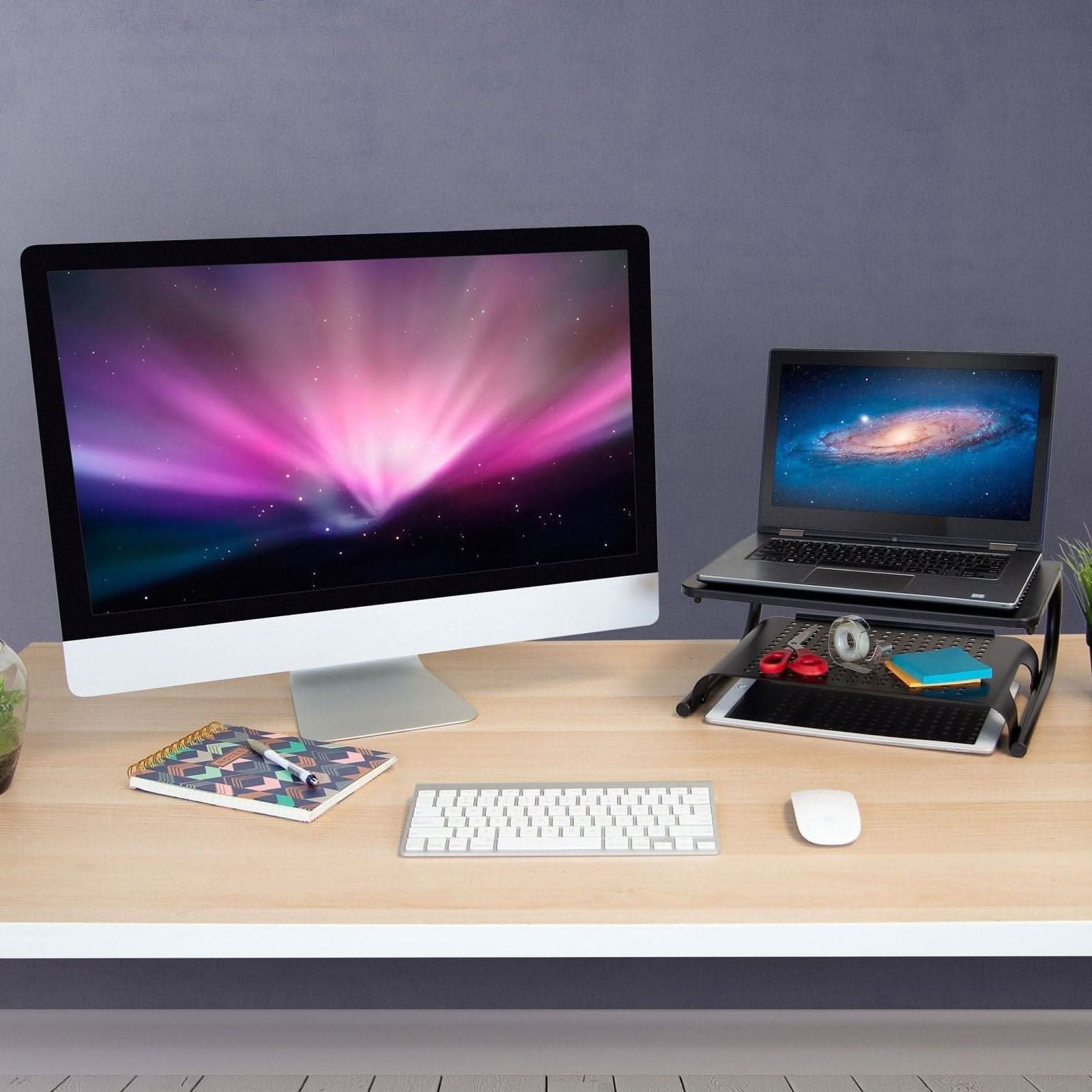 Alt View 4. Mount-It! - Two Tier Monitor Stand with Shelf | Ergonomic Desk Riser for Monitors & Laptops up to 32" with Extra Storage, Black - Black.