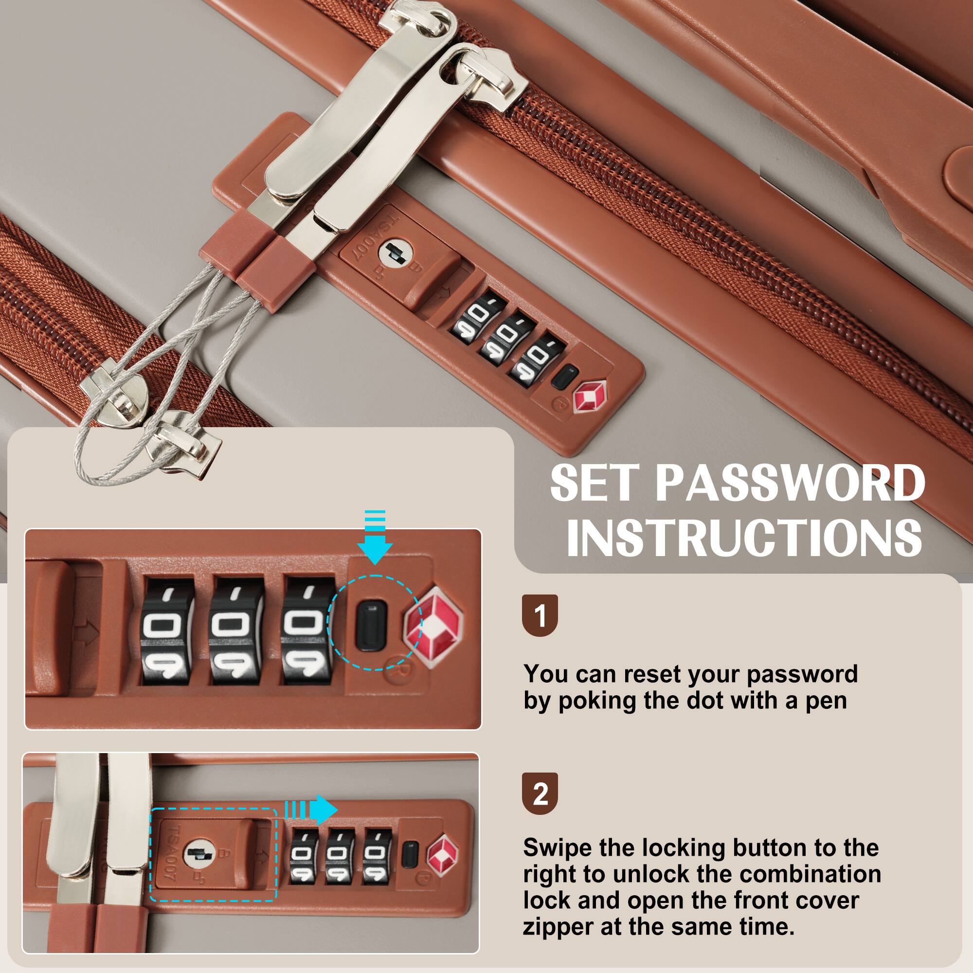 **SET PASSWORD INSTRUCTIONS**

1. You can reset your password by poking the dot with a pen.

2. Swipe the locking button to the right to unlock the combination lock and open the front cover zipper at the same time.