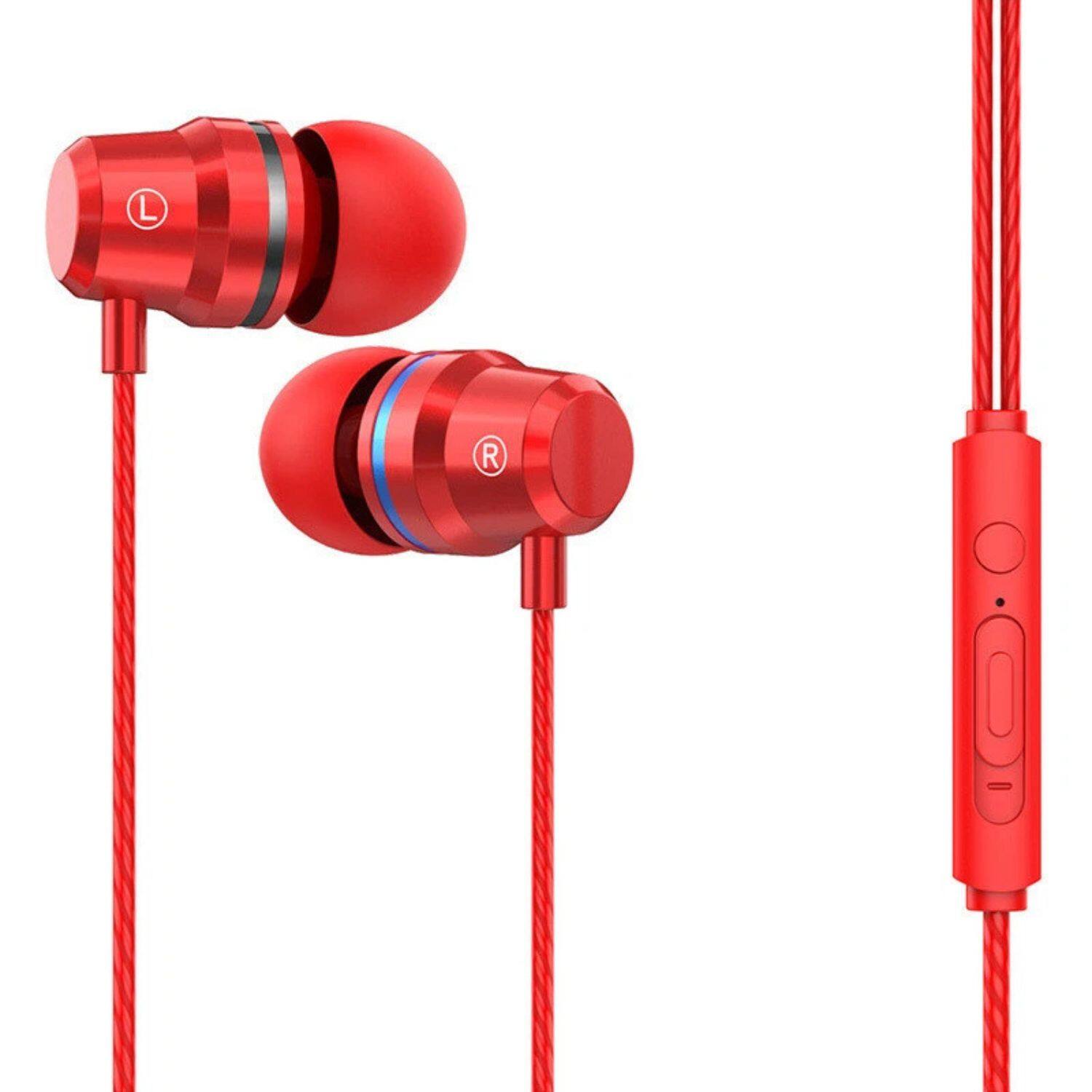 Front. Home Collection - 3.5mm AUX Jack HiFi Bass Stereo Wired In-Ear Earbuds Headphones with Microphone – Red.