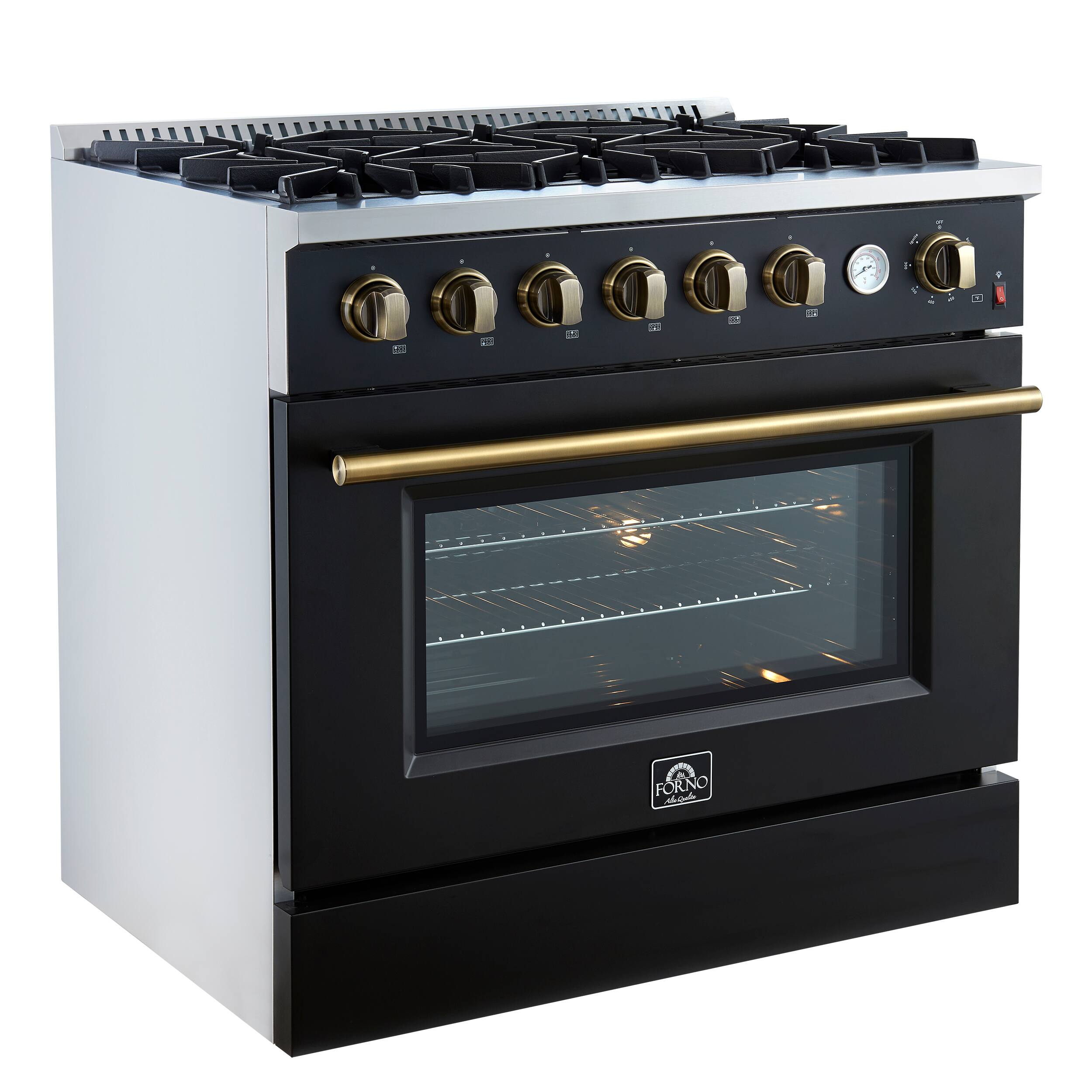 Left. Forno Appliances - Marco 5.36 Cu. Ft. Freestanding Gas Convection Range with Hidden Bake Element - Black.