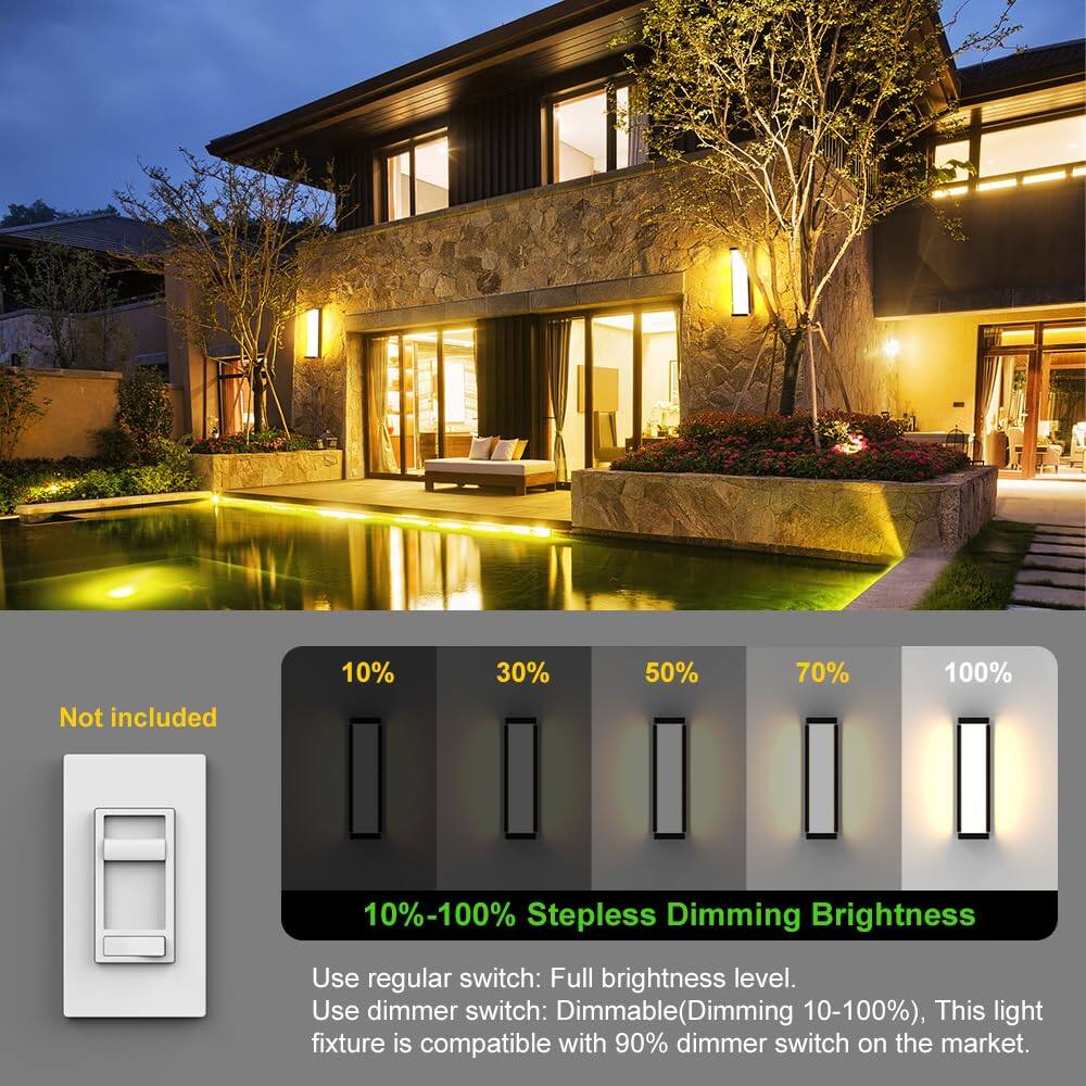 10% 30% 50% 70% 100%  
Not included  
10%-100% Stepless Dimming Brightness  

Use regular switch: Full brightness level.  
Use dimmer switch: Dimmable (Dimming 10-100%). This light fixture is compatible with 90% dimmer switch on the market.