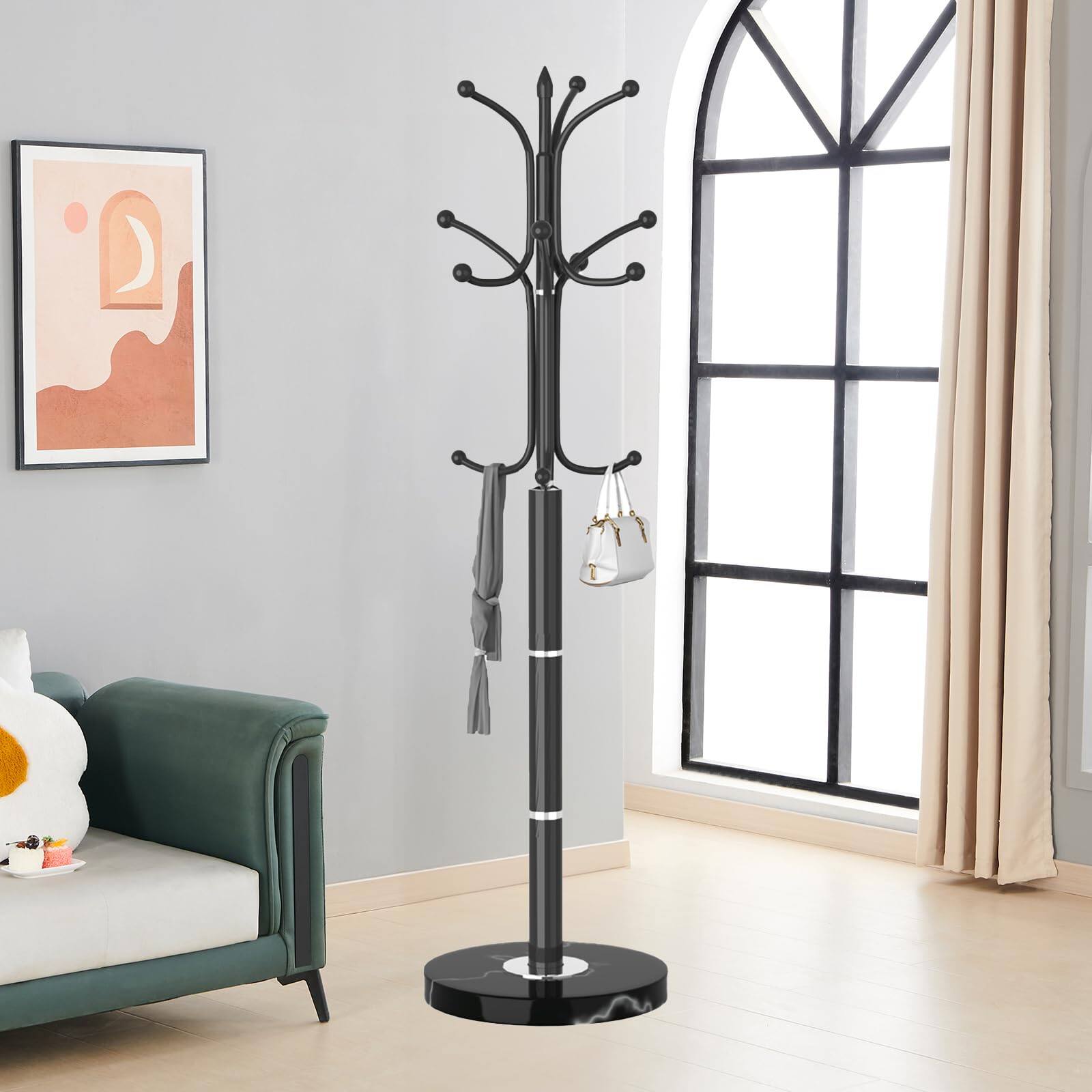 Alt View 5. Hirose Alice - Metal Coat Rack Freestanding Sturdy Coat Rack Stand with Natural Marble Base Modern Black Coat Racks Tree H... - 12 HOOKS.