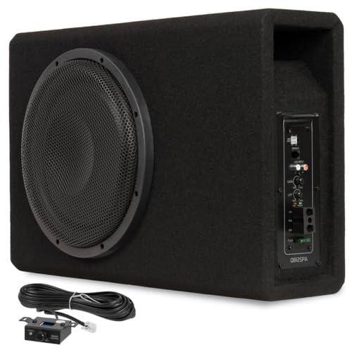 Front. TECH SAFARI - Qb12spa 12 Rms Shallow Slot Ported Subwoofer Enclosure Built in Amplifier Metal Grille Remote Bass Knob E - Single 12".