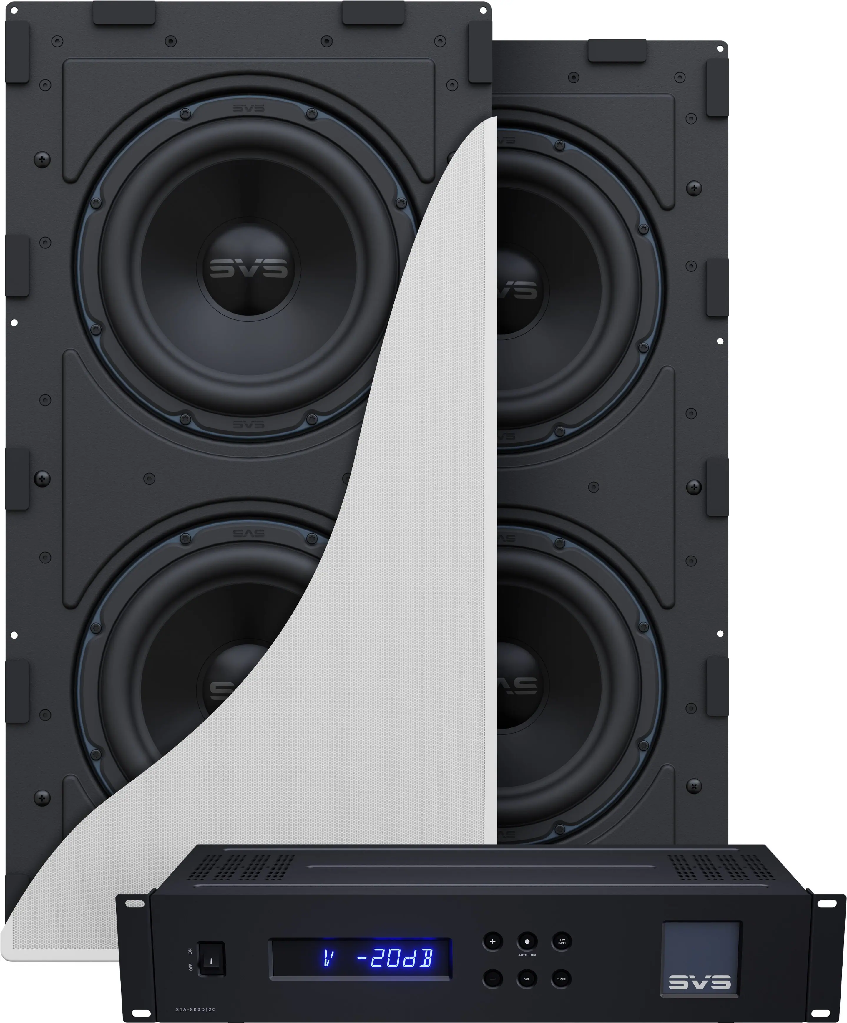 The image features a set of speakers and an amplifier made by SVS. The speakers are black and have a silver cone, while the amplifier is black and has a blue display. The speakers are arranged in a row, with one speaker on the left, one in the center, and one on the right. The amplifier is placed in front of the speakers, completing the audio system setup.