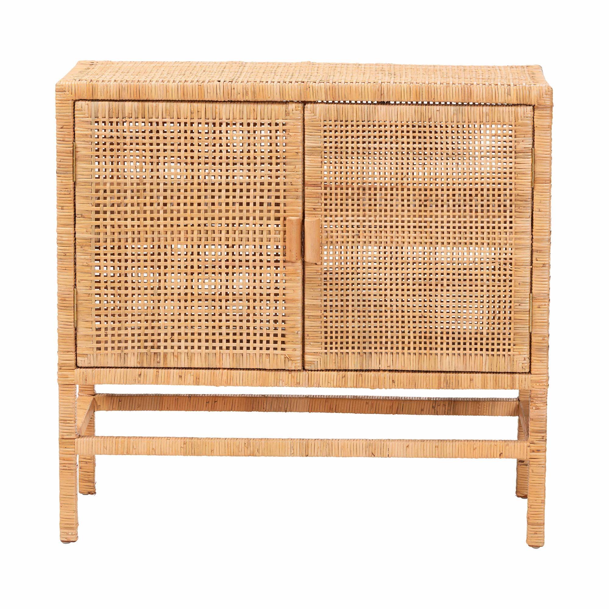 Left. bali & pari - Vivan Natural Rattan Storage Cabinet - 2-Tier Handwoven Wicker Accent Cabinet with Double Doors and Elevated Base - Natural Brown.