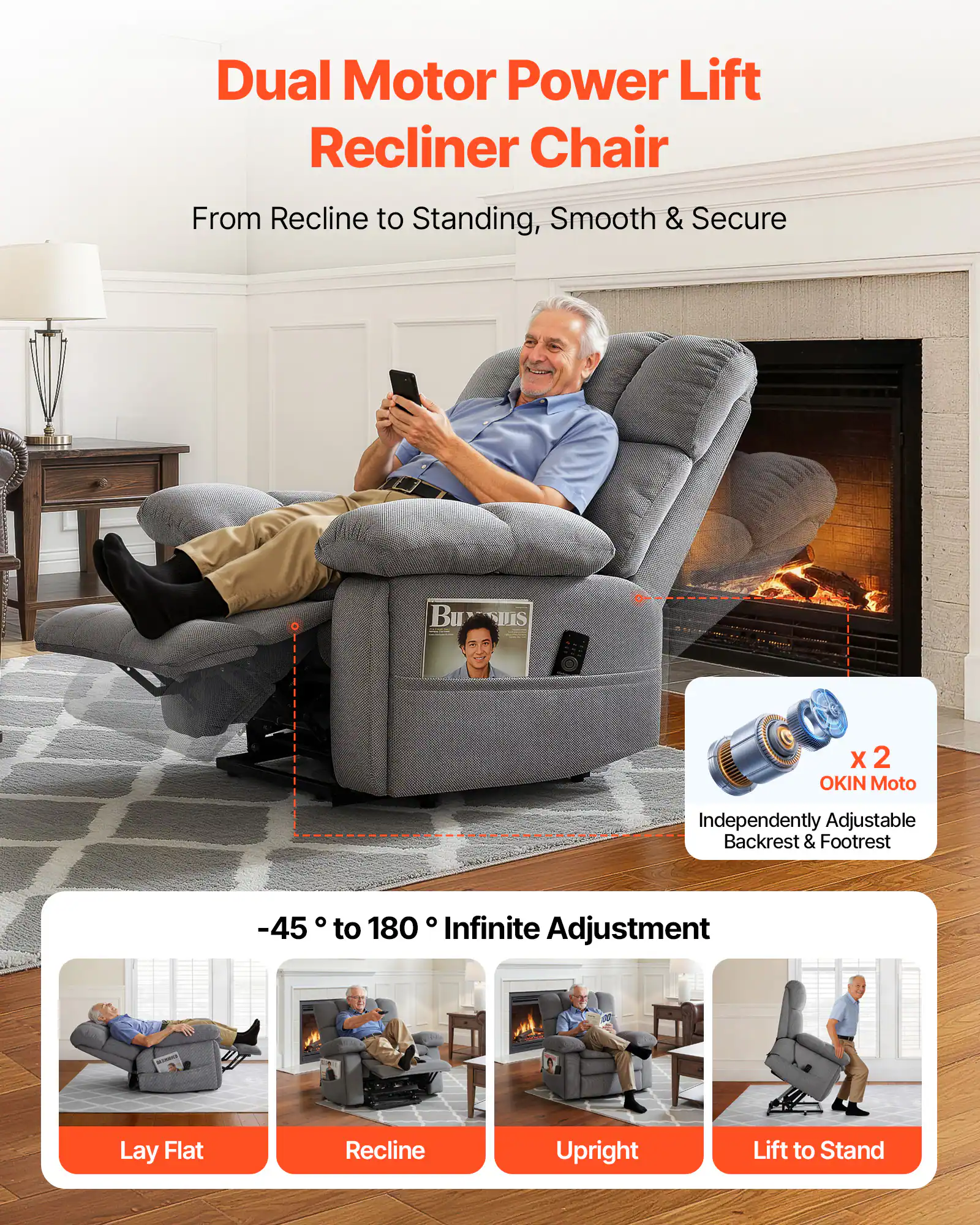 Dual Motor Power Lift Recliner Chair  
From Recline to Standing, Smooth & Secure  

-45° to 180° Infinite Adjustment  

Independently Adjustable Backrest & Footrest  
X 2 OKIN Moto  

Lay Flat  
Recline  
Upright  
Lift to Stand