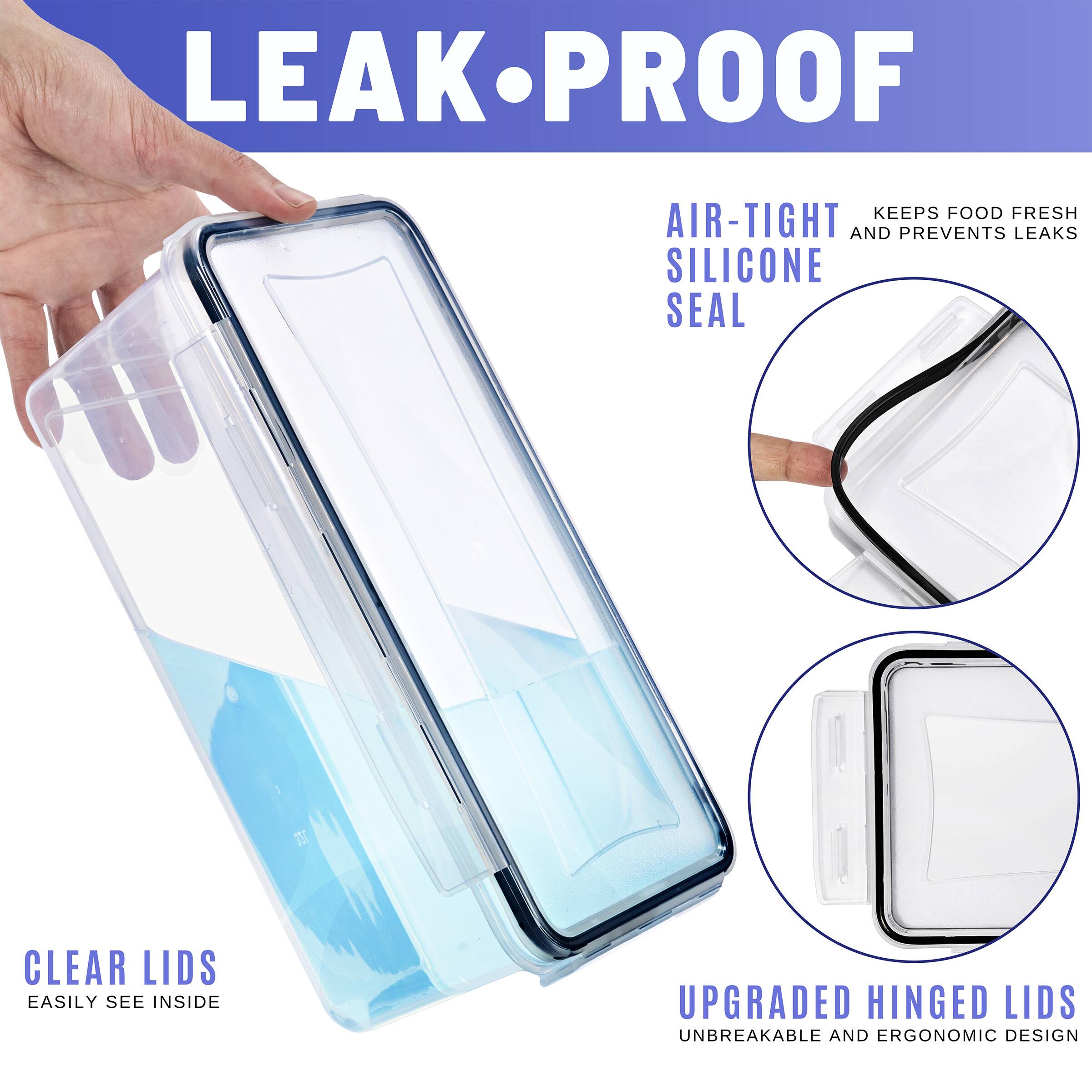 LEAK-PROOF

- AIR-TIGHT SILICONE SEAL
  - KEEPS FOOD FRESH AND PREVENTS LEAKS

- CLEAR LIDS
  - EASILY SEE INSIDE

- UPGRADED HINGED LIDS
  - UNBREAKABLE AND ERGONOMIC DESIGN