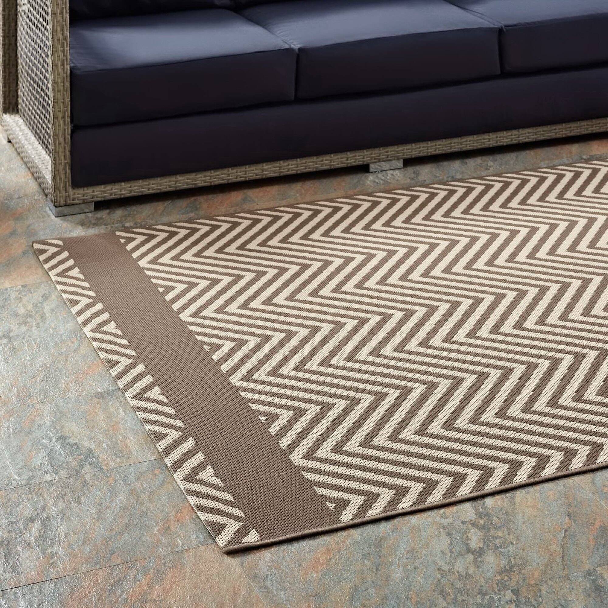 Back. Modway - Optica Chevron With End Borders Indoor and Outdoor Area Rug - Light and Dark Beige.