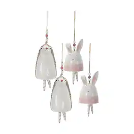 BreeBe - Blush Bunny and Hedgehog Bell Hanging Garden Accent (Set of 4) - White, Pink