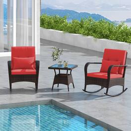 Gymax - 3 Piece Outdoor Rocking Set Rattan Rocker Chairs w/ Tempered Glass Coffee Table Red - Red, Mix Brown