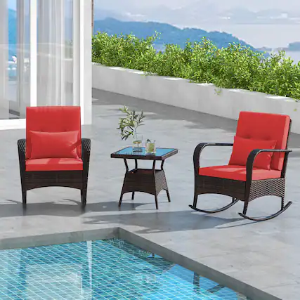 Front. Gymax - Gymax 3 Piece Outdoor Rocking Set Rattan Rocker Chairs w/ Tempered Glass Coffee Table Red - Red, Mix Brown.