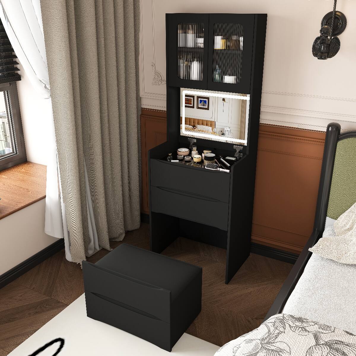 Alt View 6. Loheer - Loheer 3-in-1 Vanity Table with LED Mirror, Black Flip-Top Bedroom Storage and Cushioned Stool - Black.
