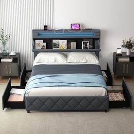 LUCKY ONE - Full Assembled Platform Bed Frame with Adjustable Storage Headboard USB Wooden Slats - Grey-Full